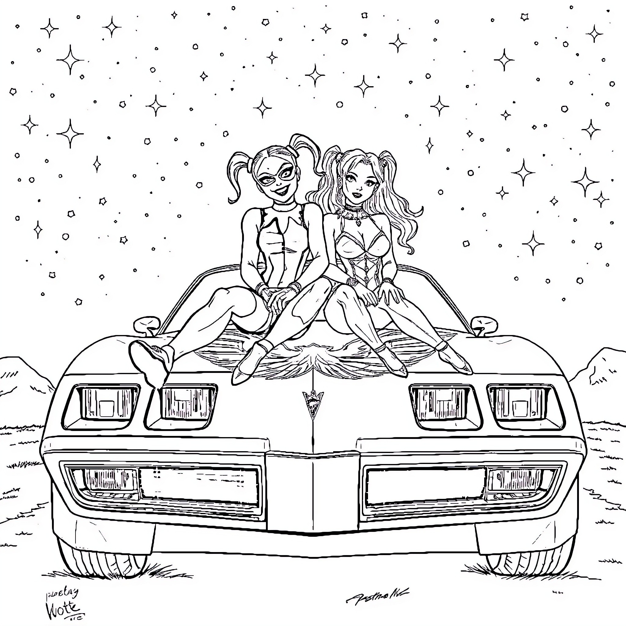 Harley Quinn and Catwoman in a retro car under the stars Coloring Page (free black-and-white line drawing printable PDF for all, from beginners to advanced learners, including children, teens, adults, and seniors)
