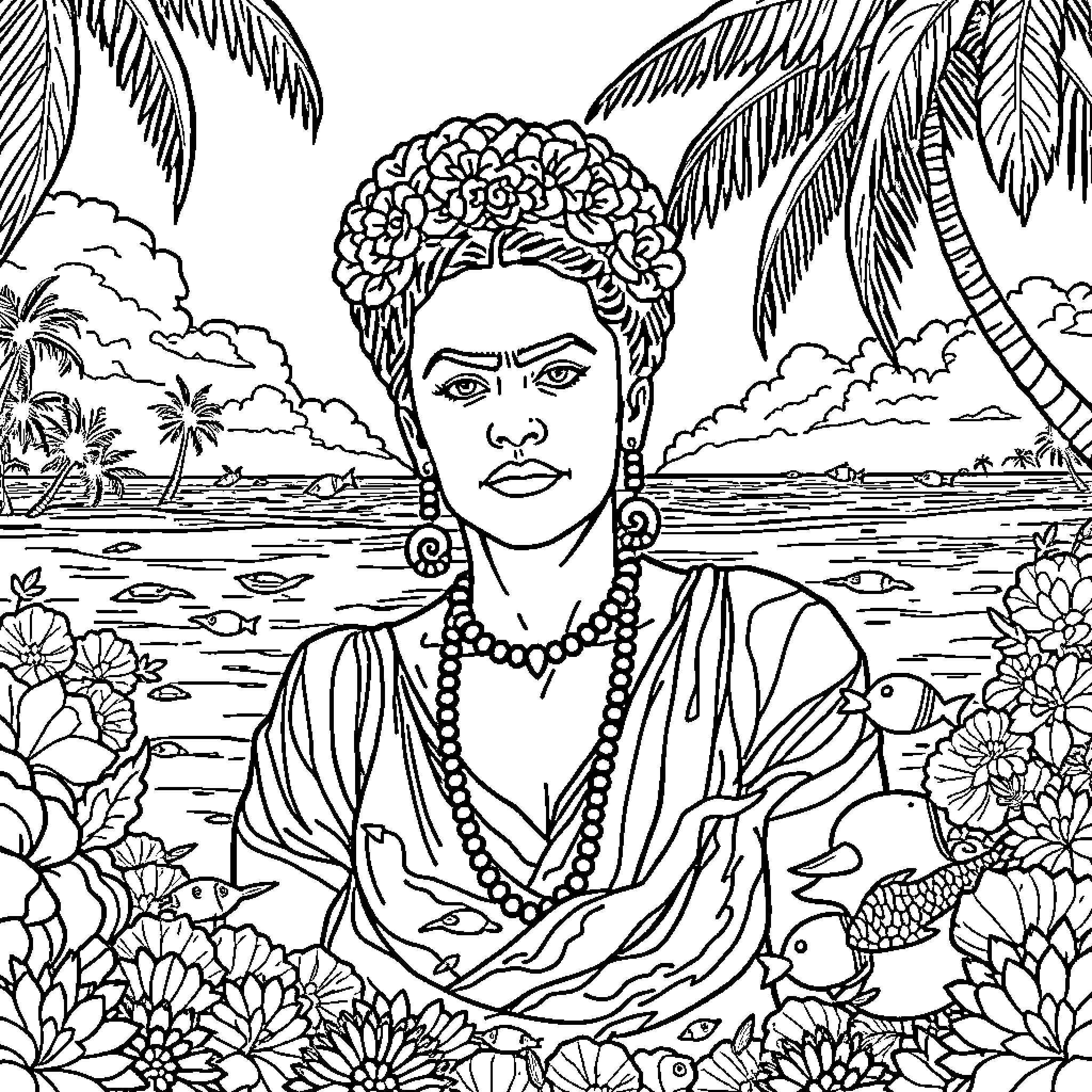 Frida Kahlo surrounded by tropical flora and fauna Coloring Page (free black-and-white line drawing printable PDF for all, from beginners to advanced learners, including children, teens, adults, and seniors)