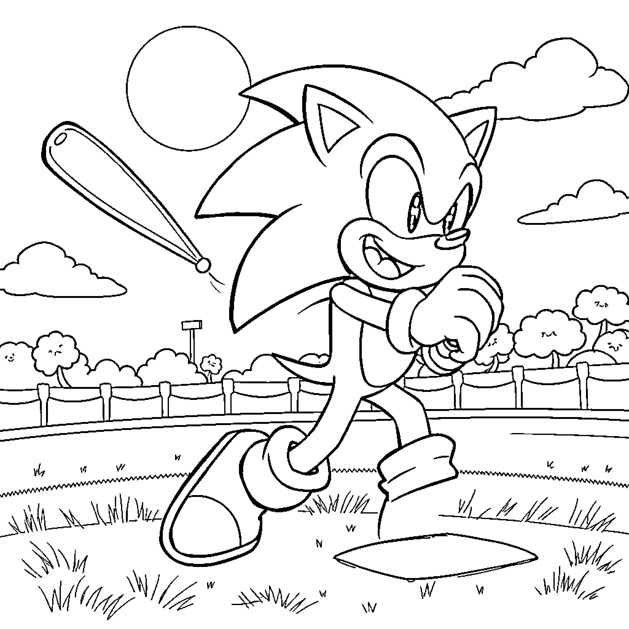 Sonic running through a grassy field Coloring Page (free black-and-white line drawing printable PDF for all, from beginners to advanced learners, including children, teens, adults, and seniors)