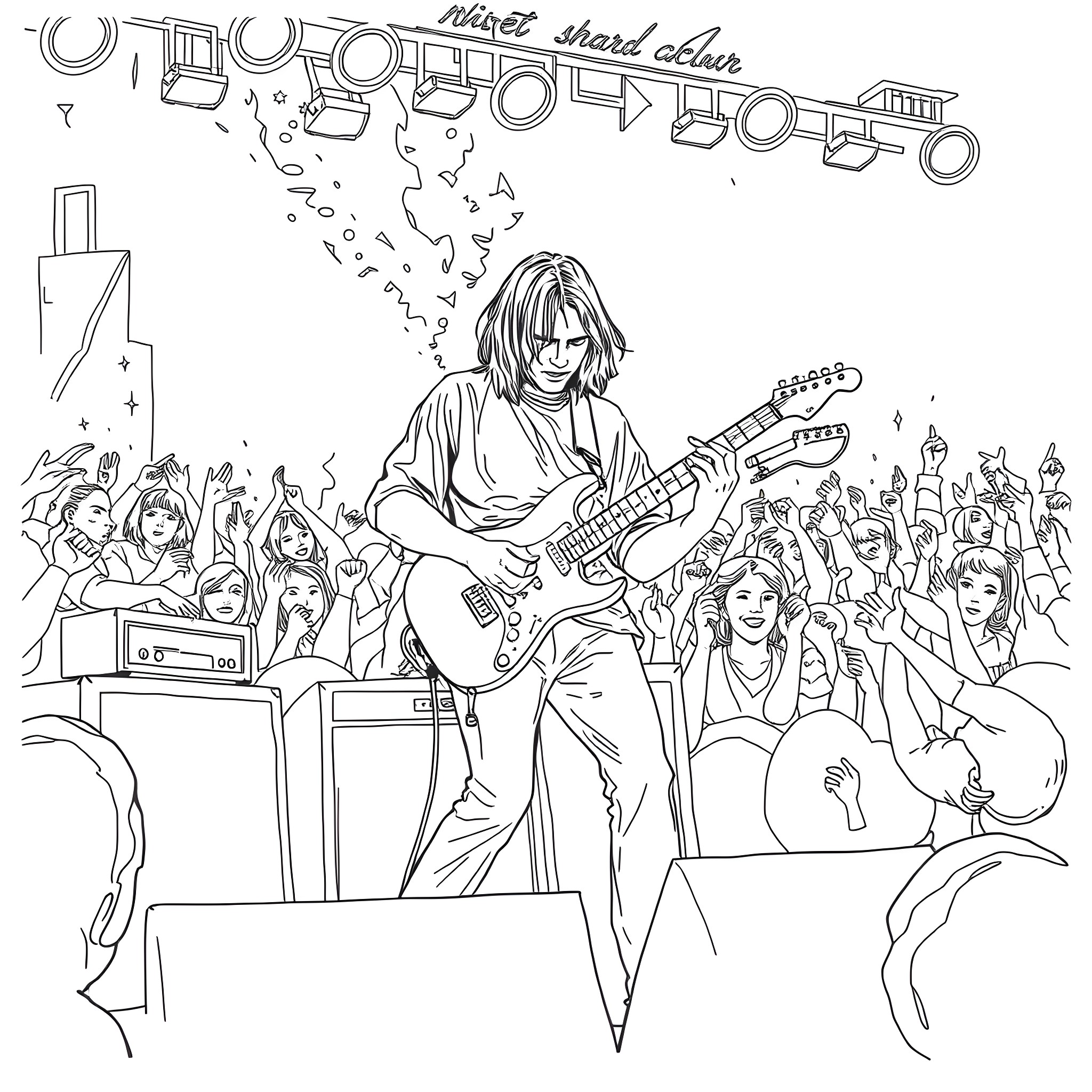 Kurt Cobain performing on stage with adoring crowd Coloring Page (free black-and-white line drawing printable PDF for all, from beginners to advanced learners, including children, teens, adults, and seniors)