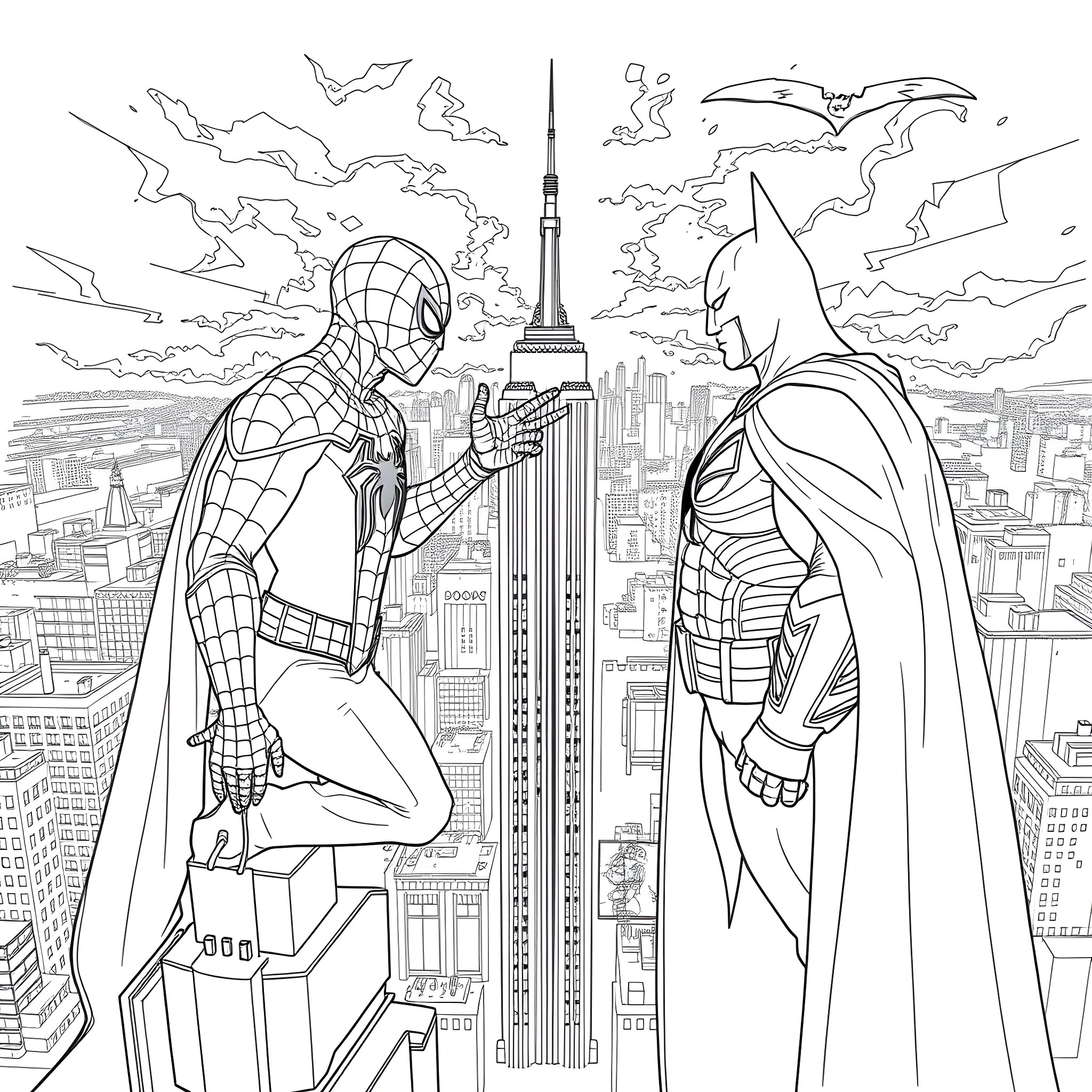 Spiderman and Batman Overlooking the City Coloring Page (free black-and-white line drawing printable PDF for all, from beginners to advanced learners, including children, teens, adults, and seniors)