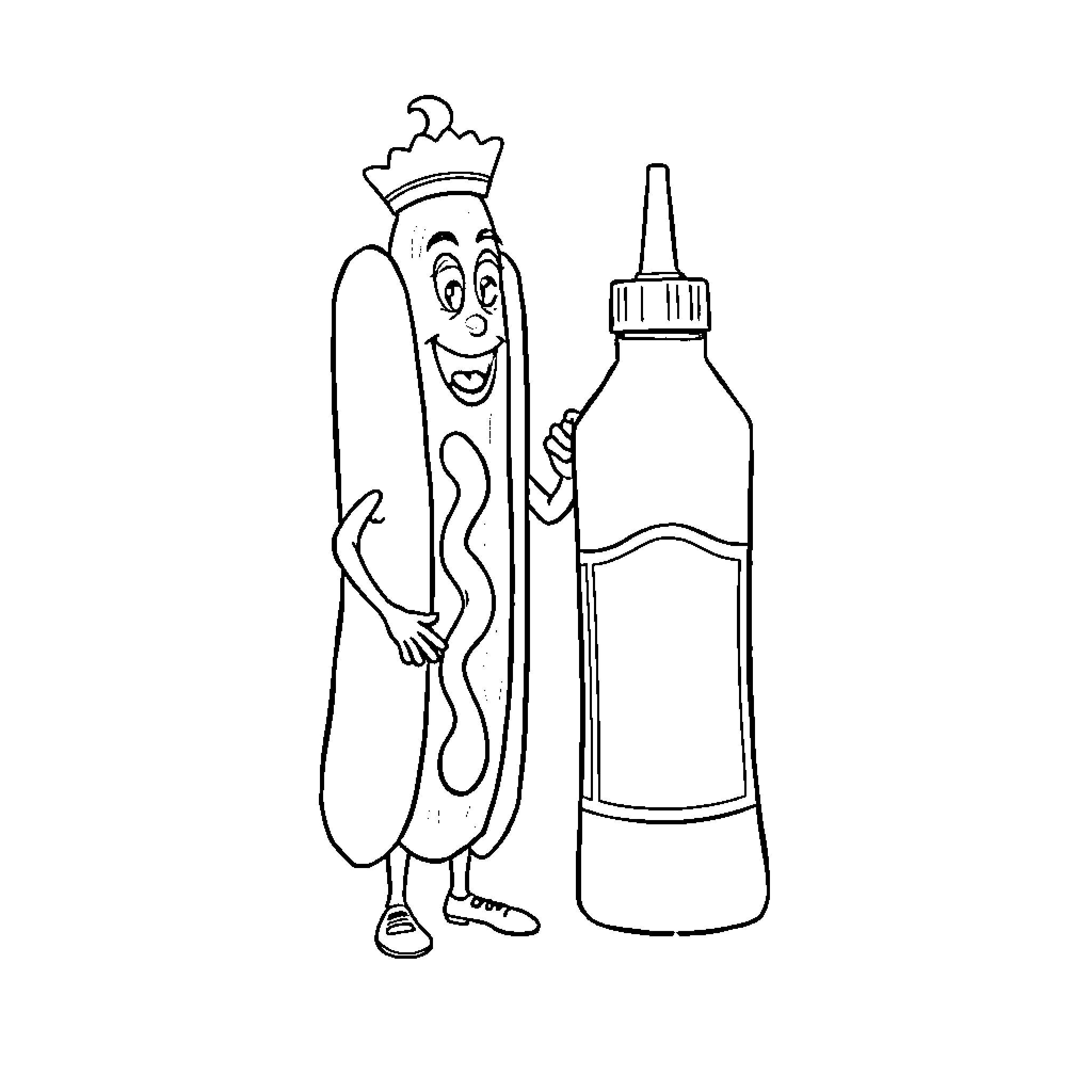 Hotdog mascot posing with condiment bottle Coloring Page (free black-and-white line drawing printable PDF for all, from beginners to advanced learners, including children, teens, adults, and seniors)