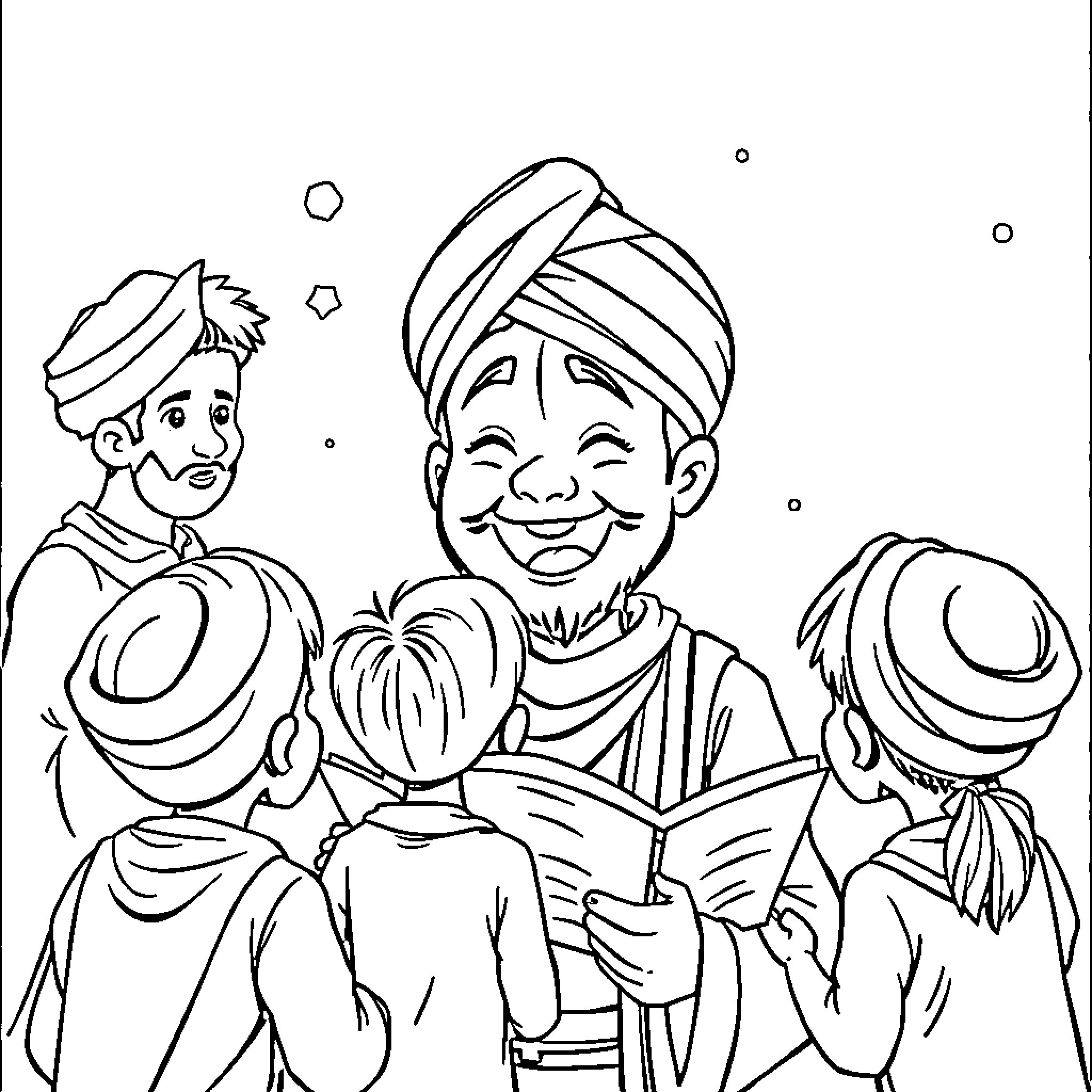 Boy Entertains Friends with Storytelling Coloring Page (free black-and-white line drawing printable PDF for all, from beginners to advanced learners, including children, teens, adults, and seniors)