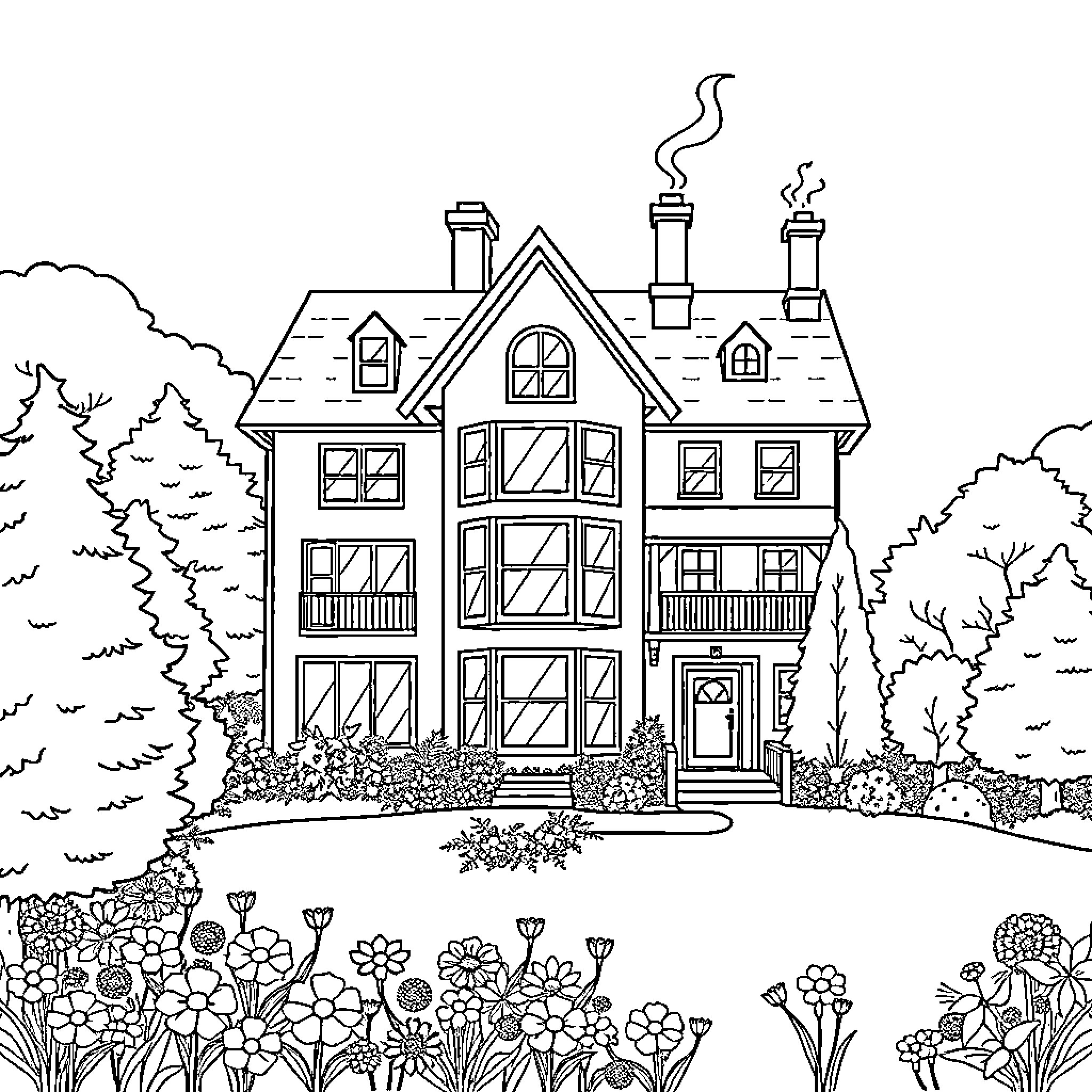House surrounded by a colorful flower garden Coloring Page (free black-and-white line drawing printable PDF for all, from beginners to advanced learners, including children, teens, adults, and seniors)