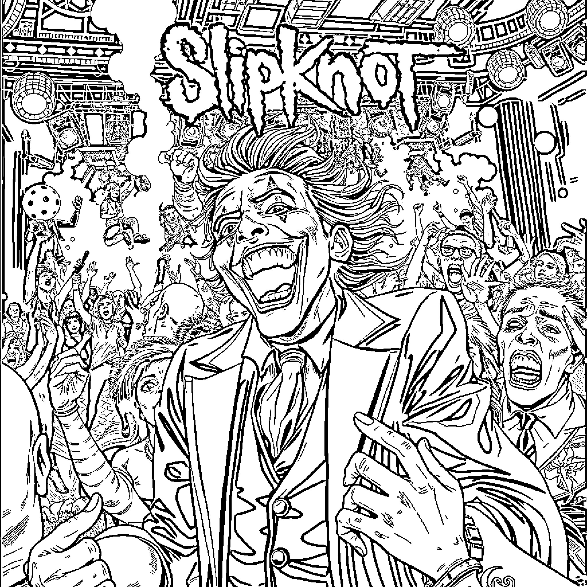 Joker: The Chaotic Carnival of Insanity Coloring Page (free black-and-white line drawing printable PDF for all, from beginners to advanced learners, including children, teens, adults, and seniors)