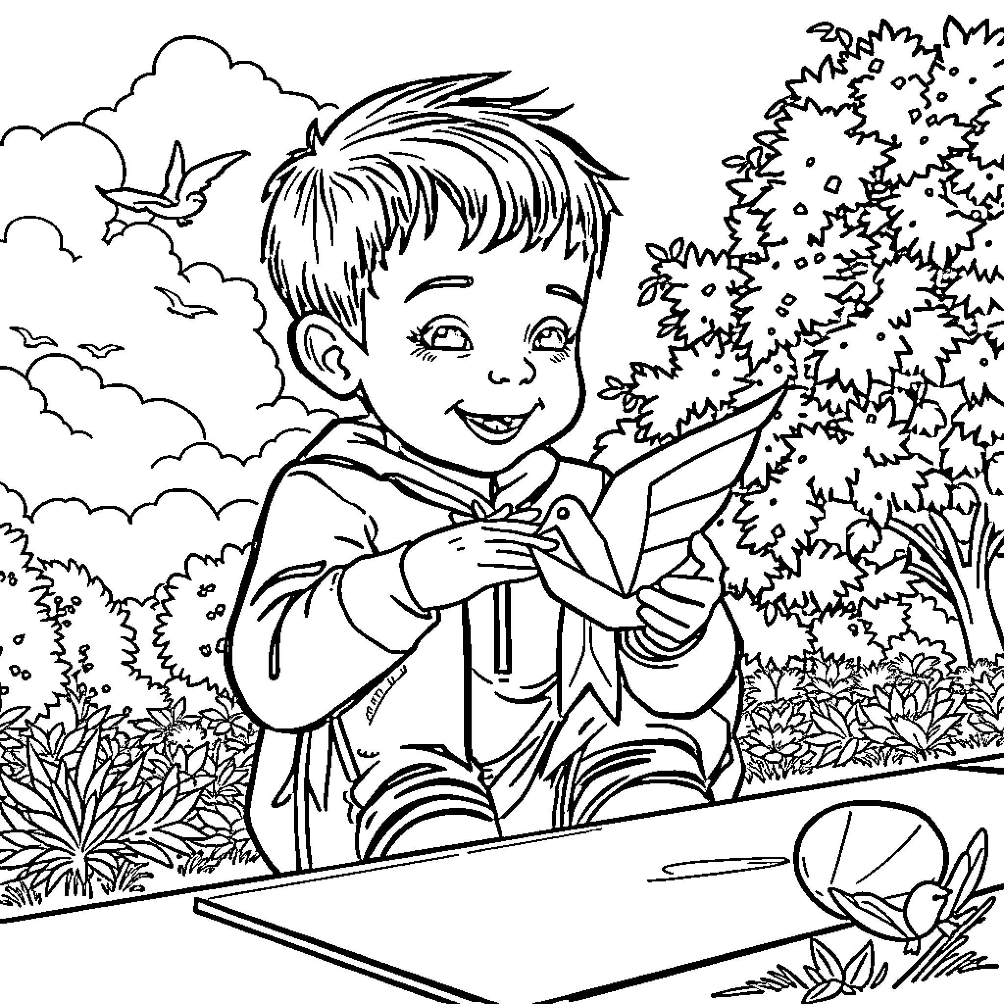 Child playing happily with paper crane outdoors Coloring Page (free black-and-white line drawing printable PDF for all, from beginners to advanced learners, including children, teens, adults, and seniors)