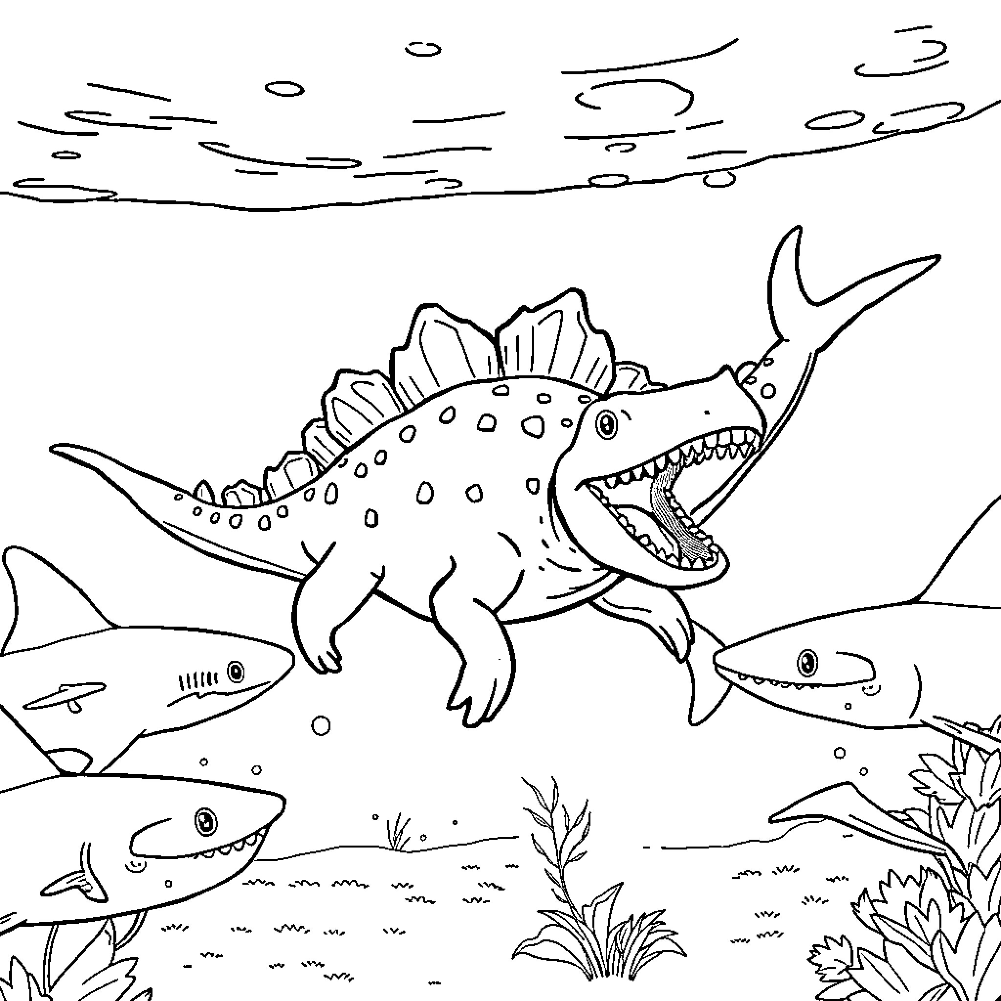 Spinosaurus swimming in the underwater world Coloring Page (free black-and-white line drawing printable PDF for all, from beginners to advanced learners, including children, teens, adults, and seniors)