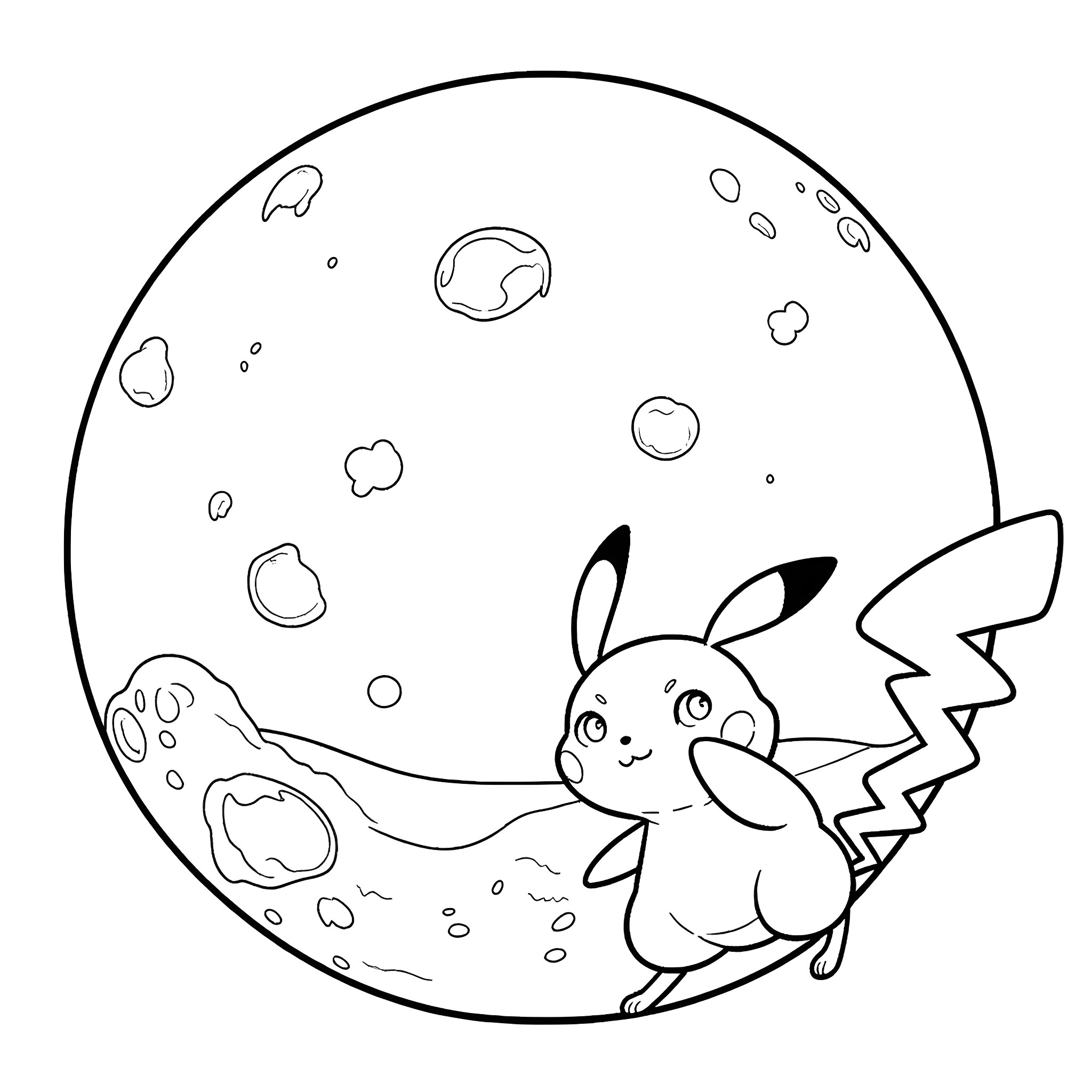 Pokémon character playing in a lunar scene Coloring Page (free black-and-white line drawing printable PDF for all, from beginners to advanced learners, including children, teens, adults, and seniors)