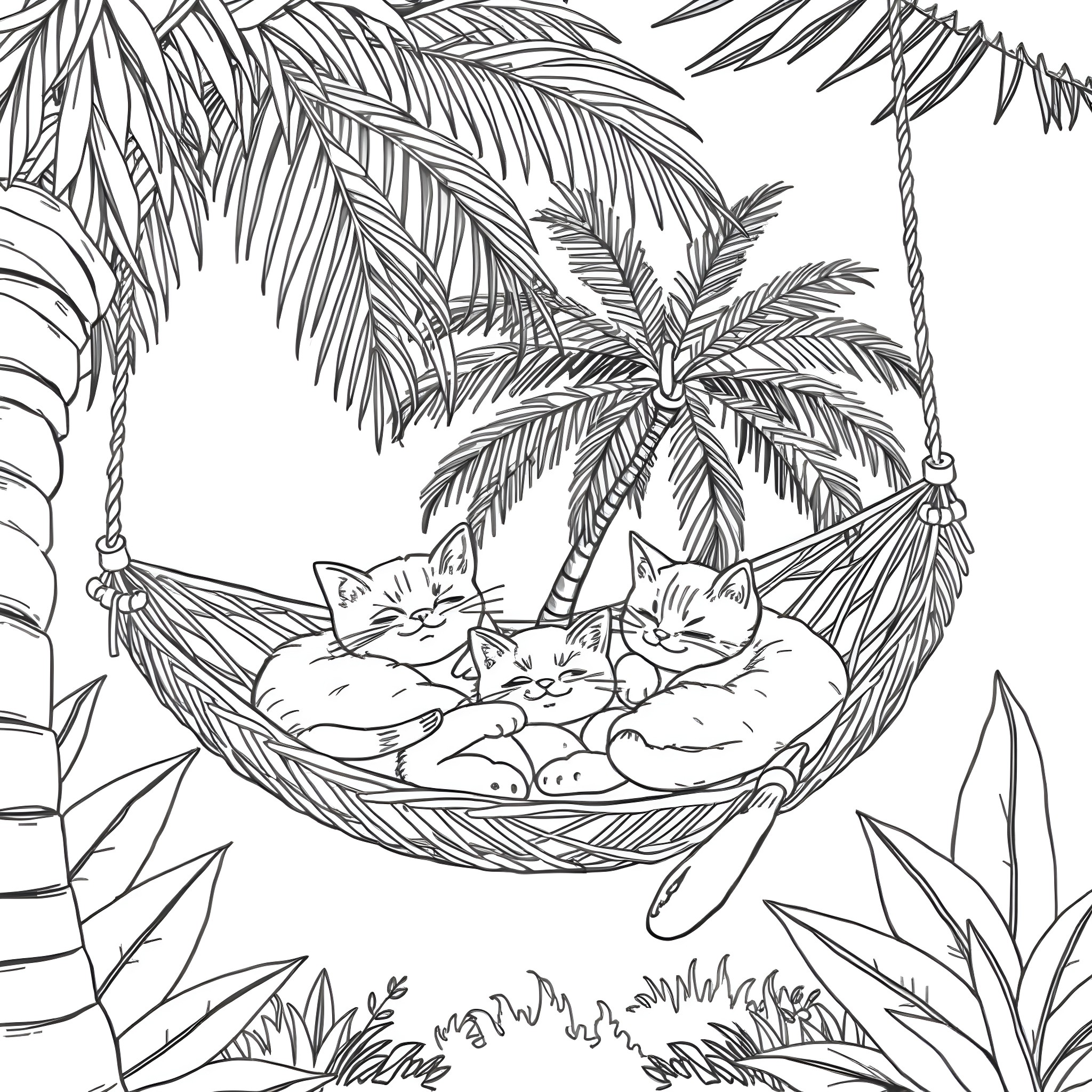 Cat relaxing in hammock under palm trees Coloring Page (free black-and-white line drawing printable PDF for all, from beginners to advanced learners, including children, teens, adults, and seniors)