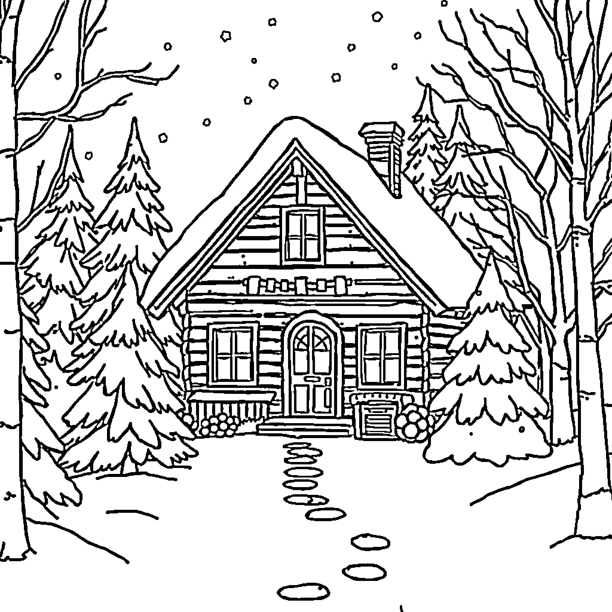 Cottage in Snowy Winter Wonderland Coloring Page (free black-and-white line drawing printable PDF for all, from beginners to advanced learners, including children, teens, adults, and seniors)