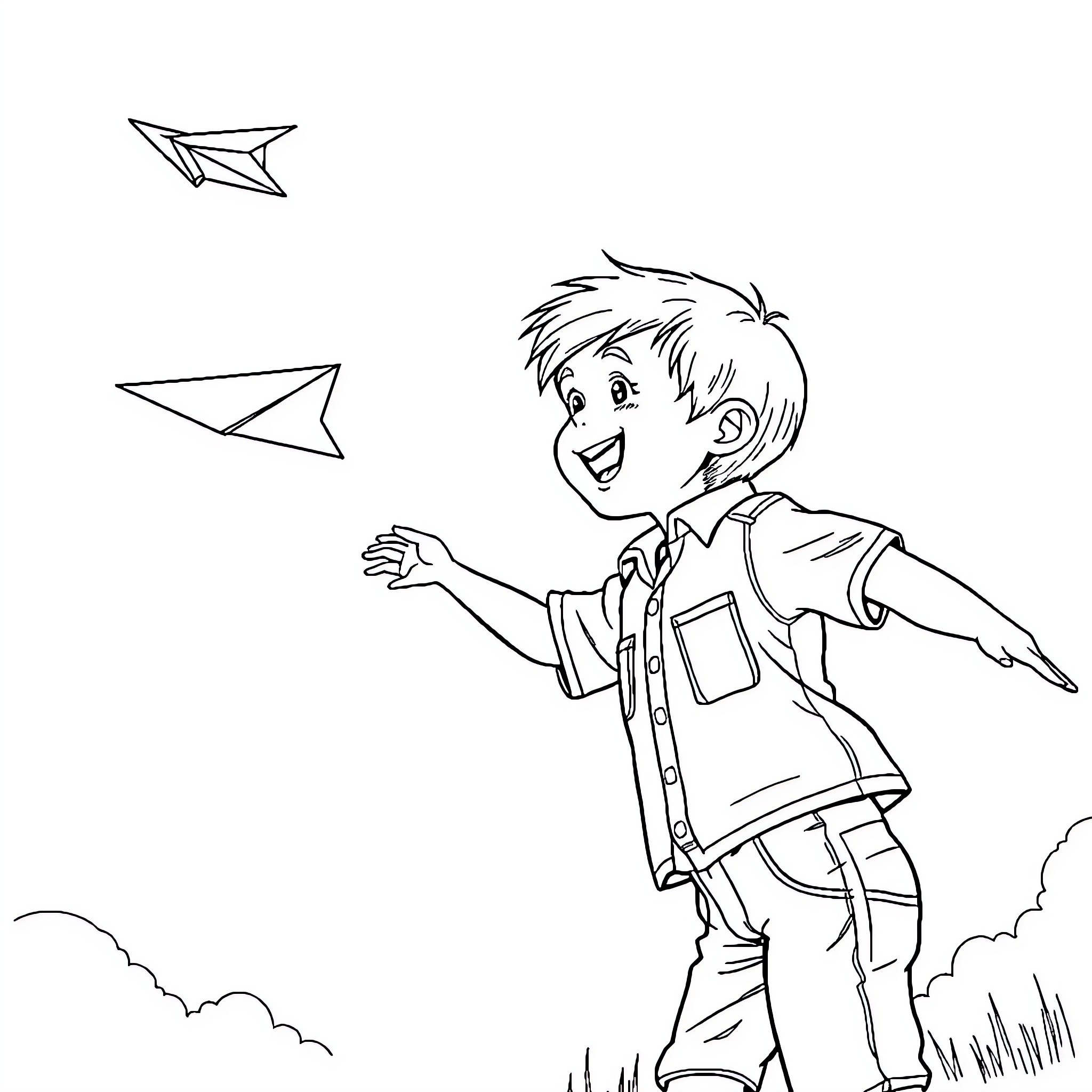 Boy playing with paper airplanes in the field Coloring Page (free black-and-white line drawing printable PDF for all, from beginners to advanced learners, including children, teens, adults, and seniors)