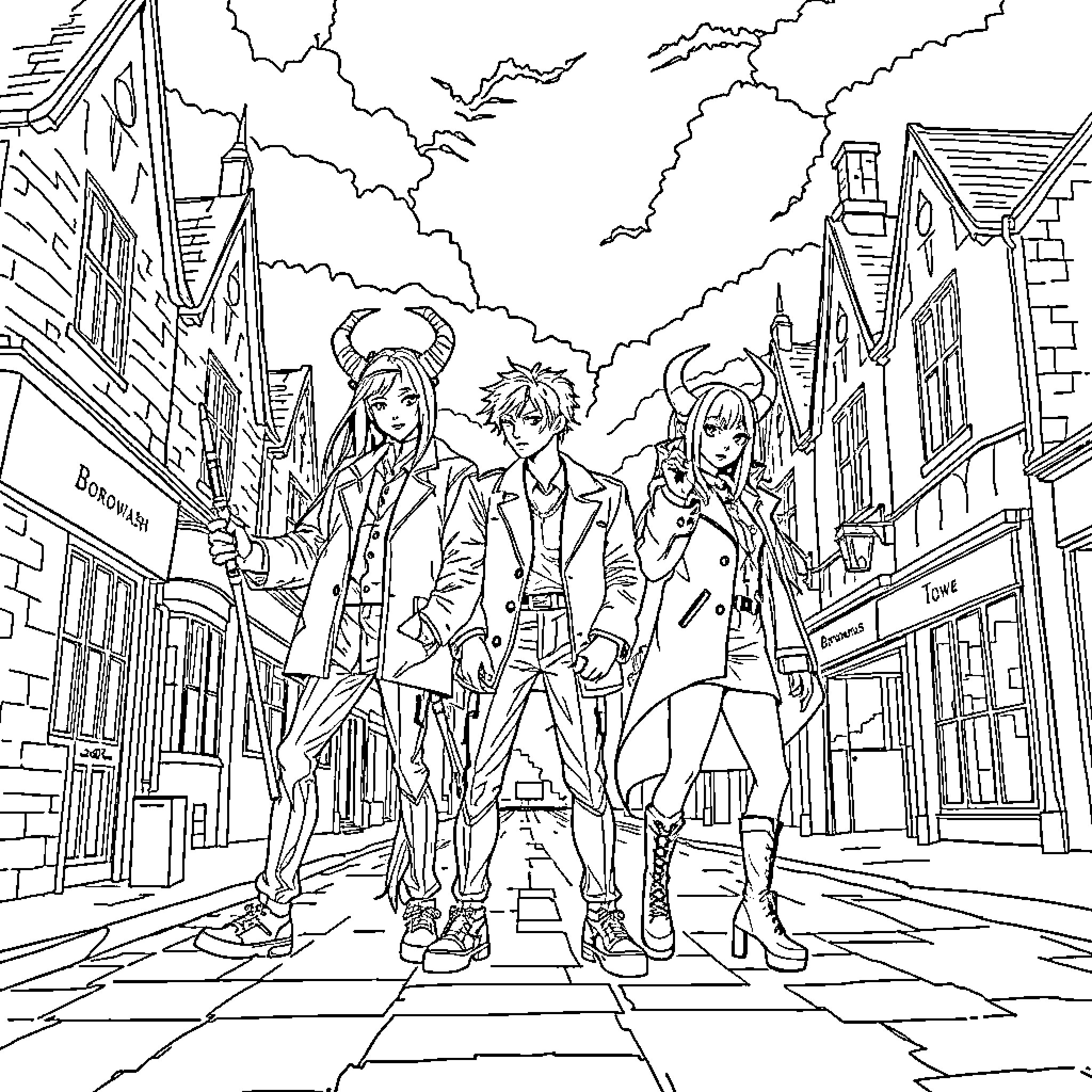 Demon Hunter Quartet in Action-Packed Scene Coloring Page (free black-and-white line drawing printable PDF for all, from beginners to advanced learners, including children, teens, adults, and seniors)