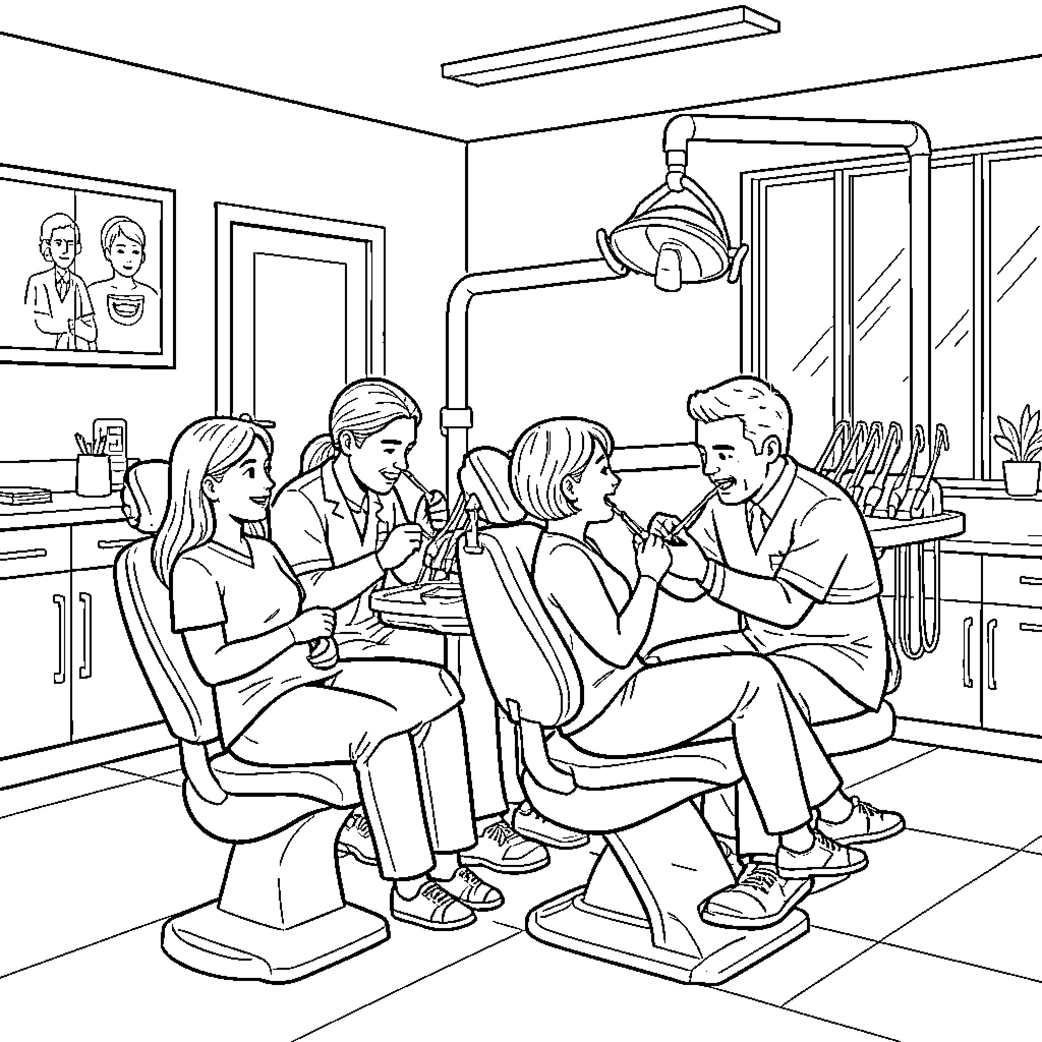 Dental Practice with dentists examining patients in chairs Coloring Page (free black-and-white line drawing printable PDF for all, from beginners to advanced learners, including children, teens, adults, and seniors)