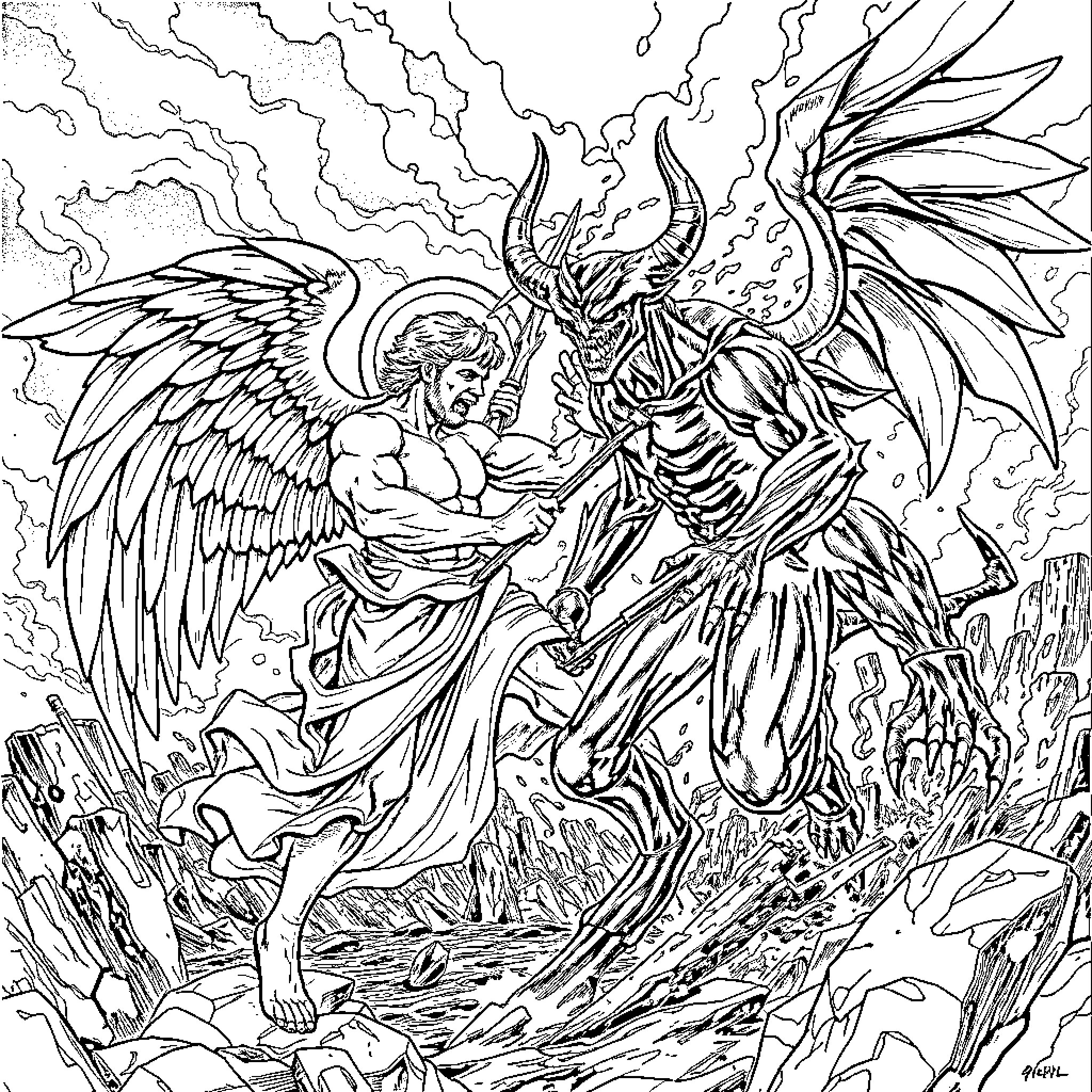 Michael Angel battles a fierce mythical creature Coloring Page (free black-and-white line drawing printable PDF for all, from beginners to advanced learners, including children, teens, adults, and seniors)