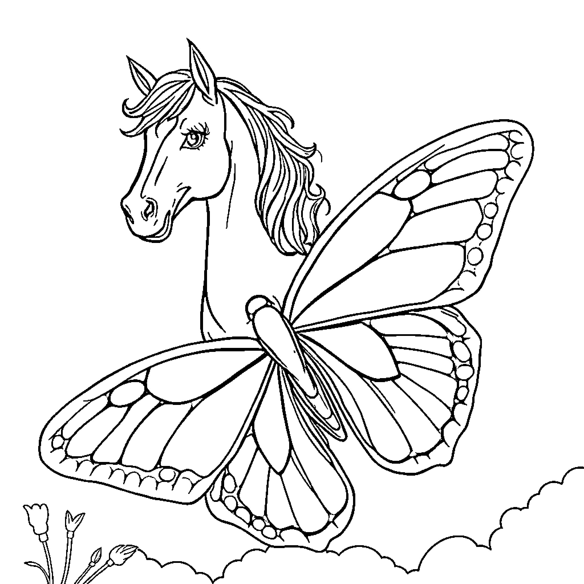 Horse with butterfly wings in a scenic landscape Coloring Page (free black-and-white line drawing printable PDF for all, from beginners to advanced learners, including children, teens, adults, and seniors)