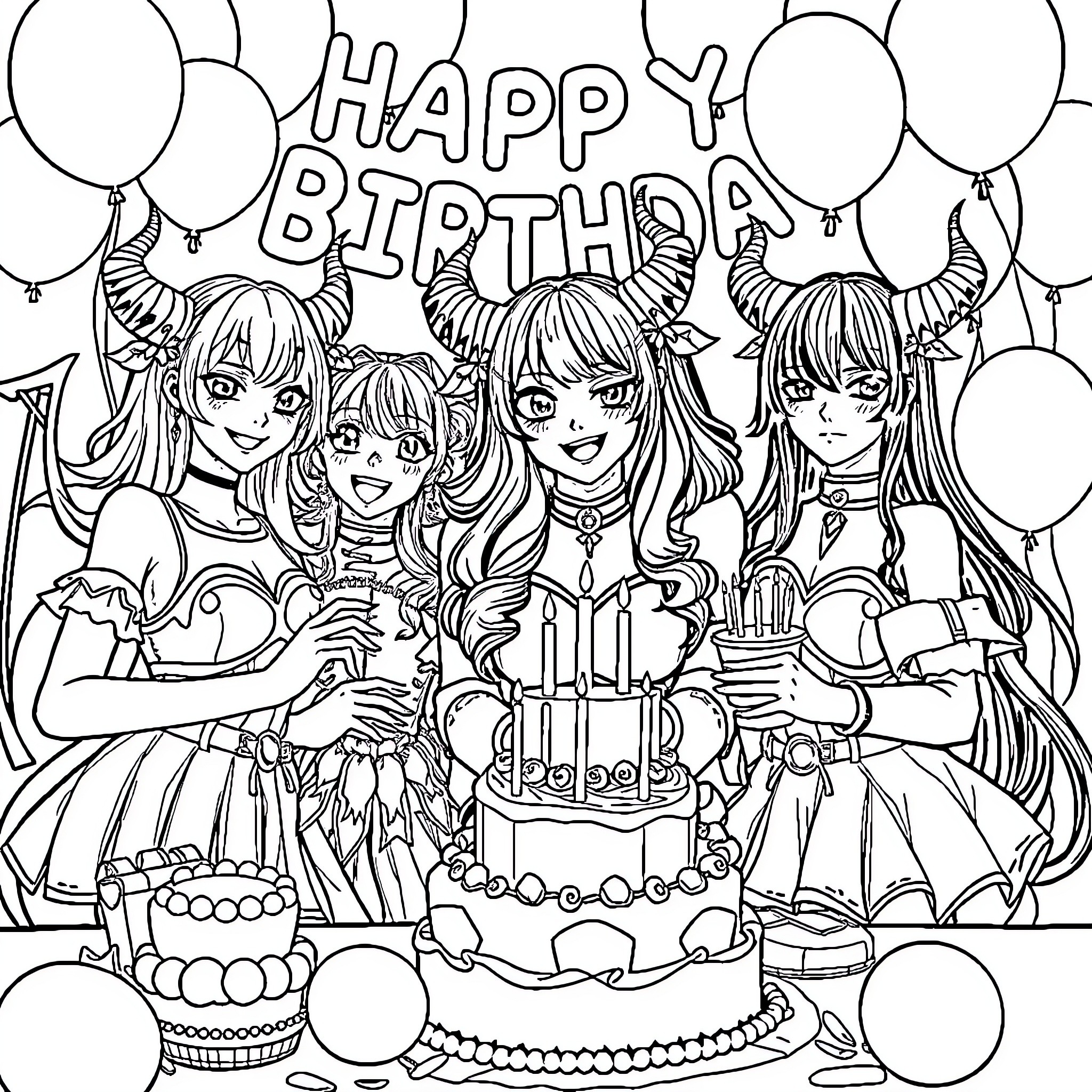 Demon Hunters Celebrate a Happy Birthday Coloring Page (free black-and-white line drawing printable PDF for all, from beginners to advanced learners, including children, teens, adults, and seniors)