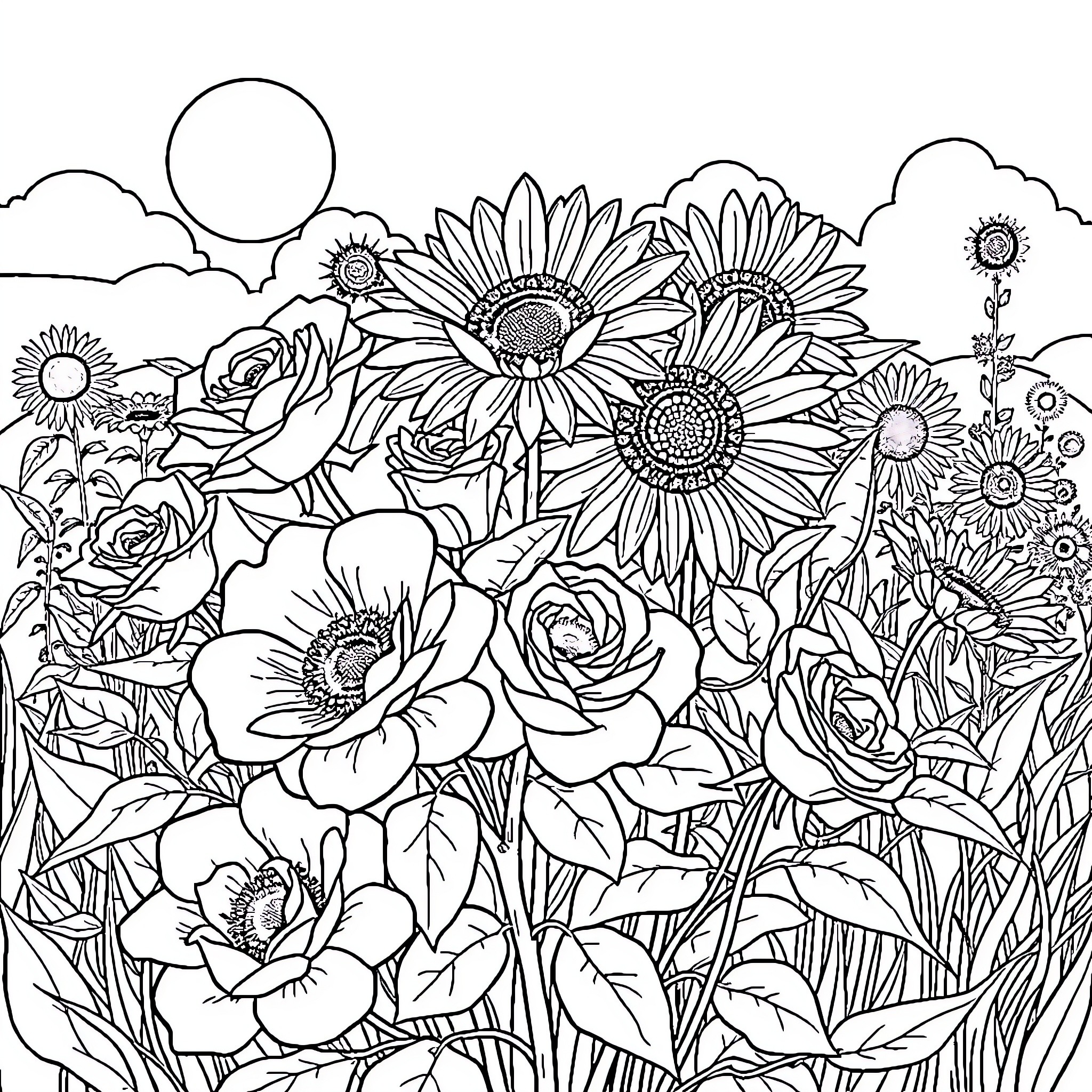 Flower Garden Filled with Vibrant Blooms Coloring Page (free black-and-white line drawing printable PDF for all, from beginners to advanced learners, including children, teens, adults, and seniors)