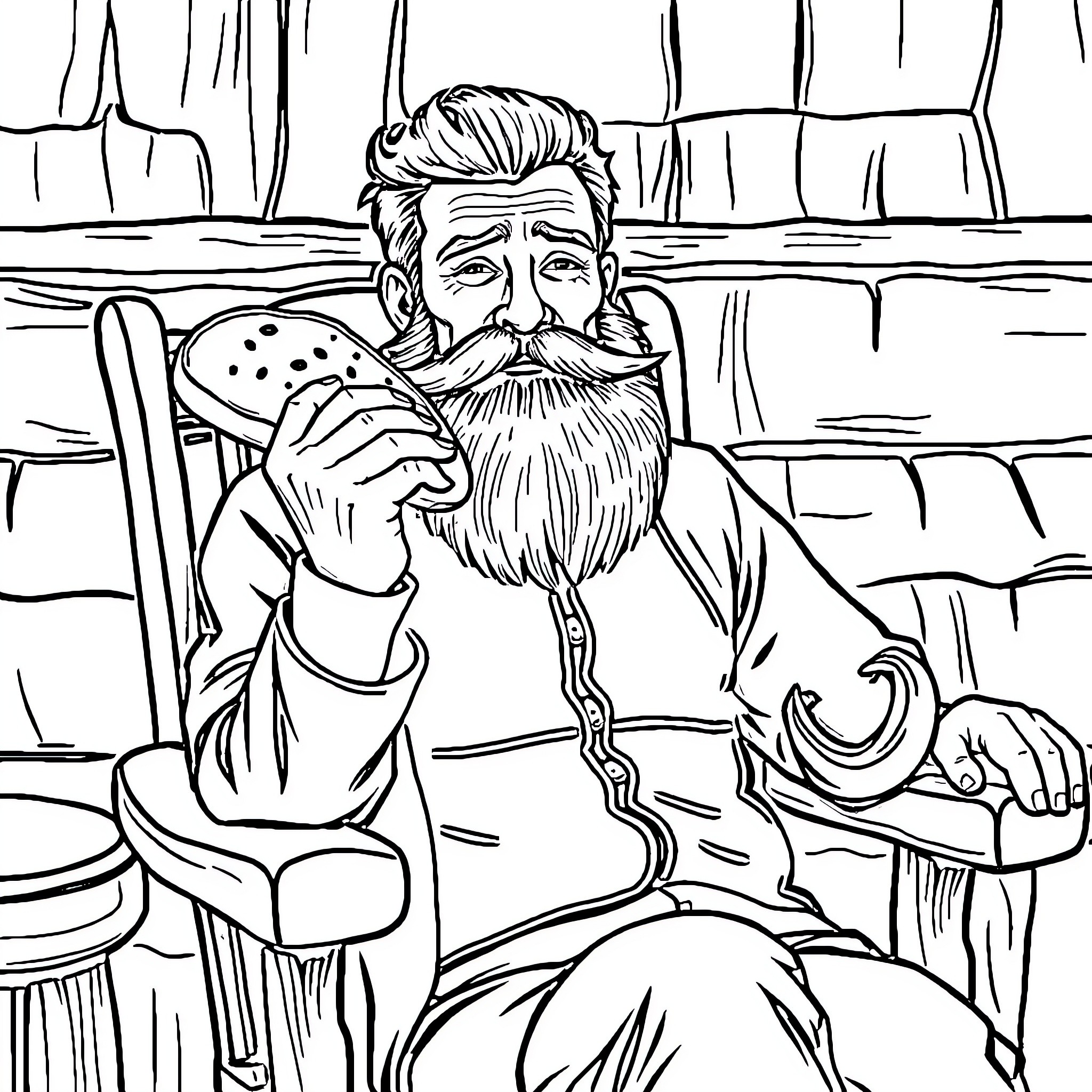 Man with Impressive Beard Enjoying a Meal Coloring Page (free black-and-white line drawing printable PDF for all, from beginners to advanced learners, including children, teens, adults, and seniors)
