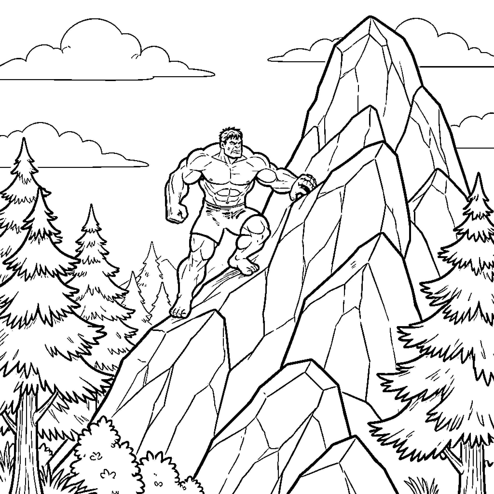 Hulk Scaling Towering Mountain Peaks Coloring Page (free black-and-white line drawing printable PDF for all, from beginners to advanced learners, including children, teens, adults, and seniors)