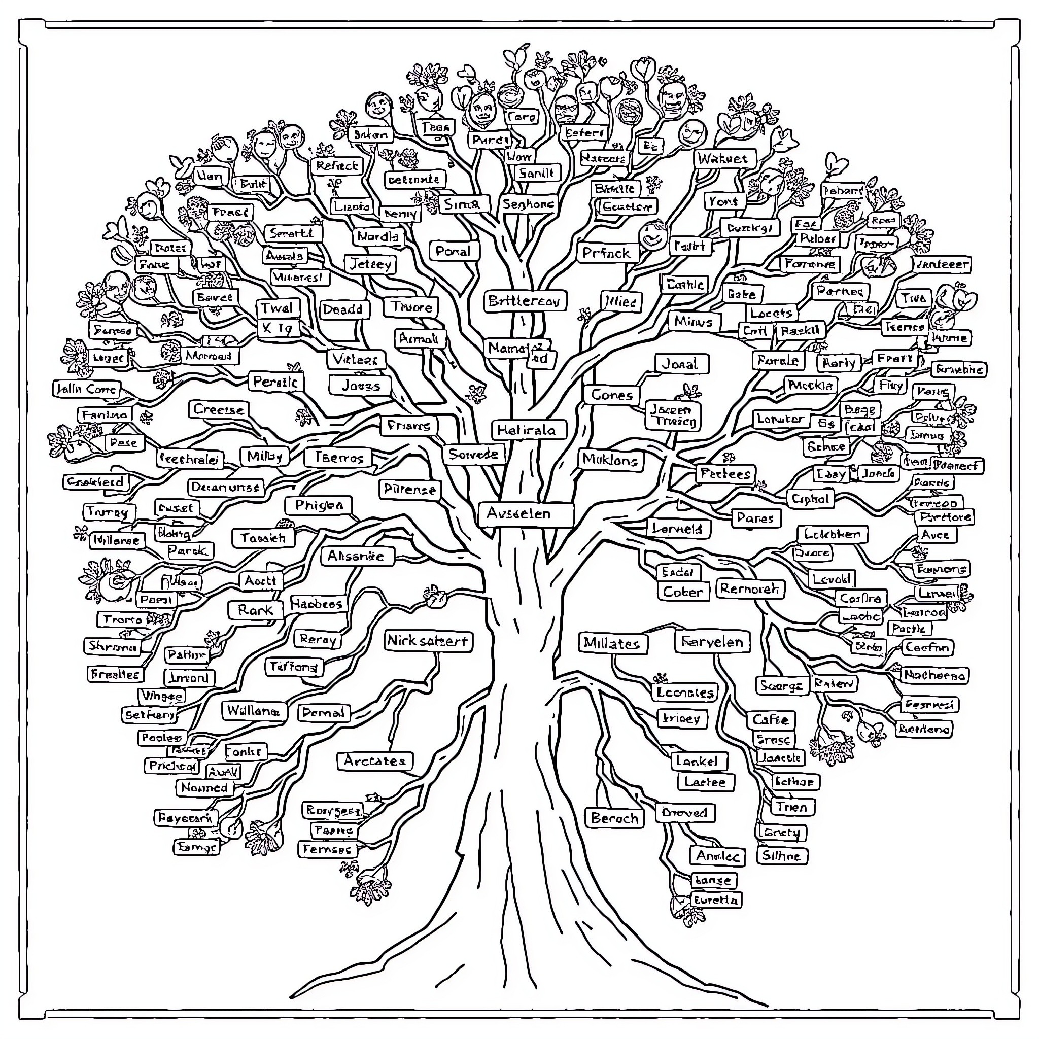 Family Tree of Diverse Names and Relationships Coloring Page (free black-and-white line drawing printable PDF for all, from beginners to advanced learners, including children, teens, adults, and seniors)