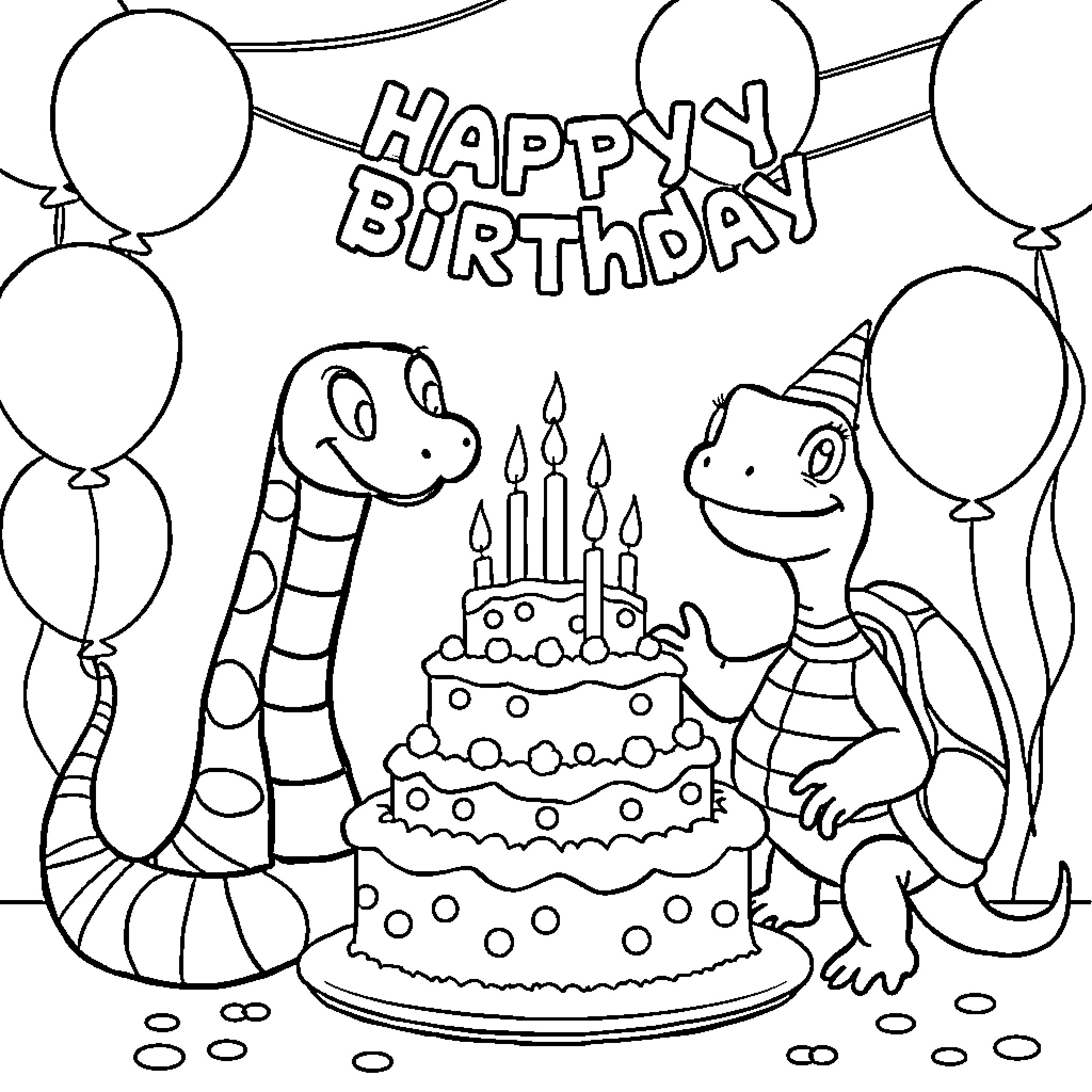 Snake celebrating happy birthday with balloon party Coloring Page (free black-and-white line drawing printable PDF for all, from beginners to advanced learners, including children, teens, adults, and seniors)