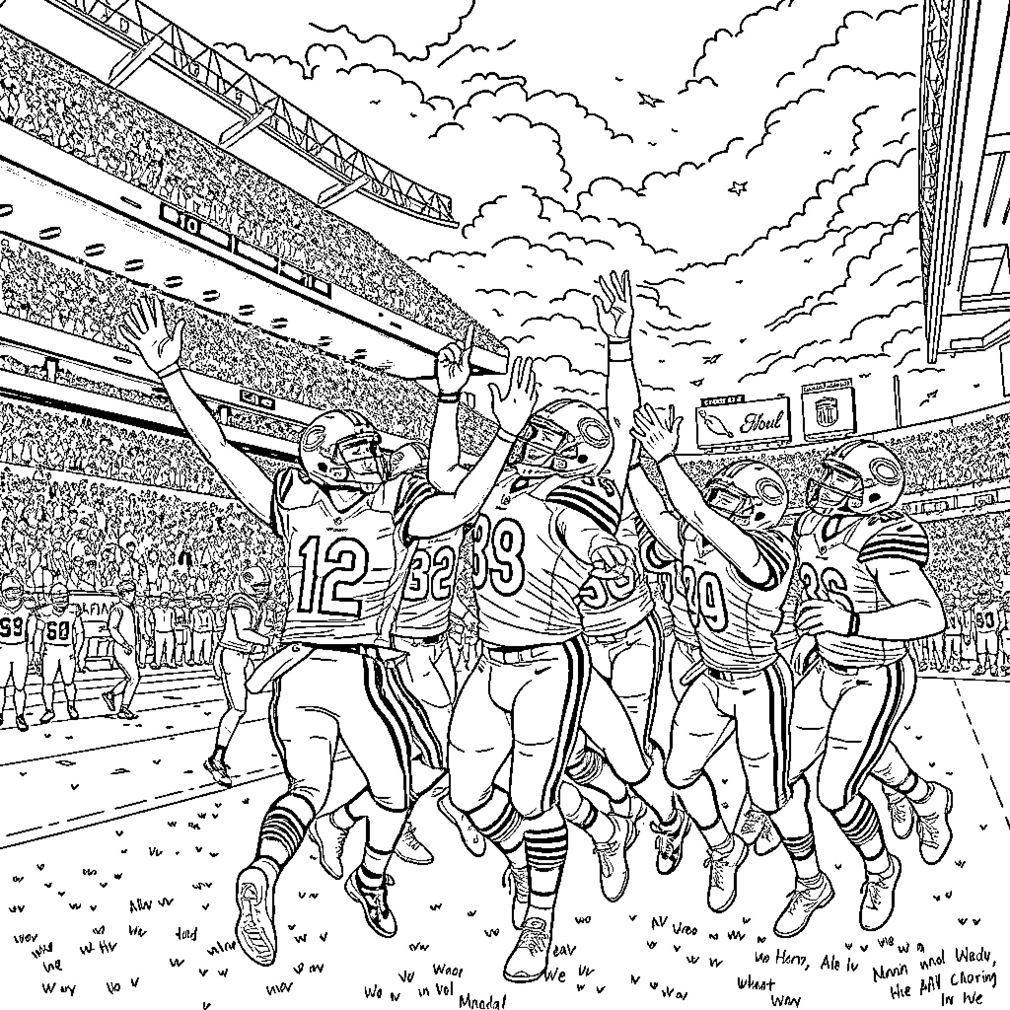 Bear players celebrate touchdown in football stadium Coloring Page (free black-and-white line drawing printable PDF for all, from beginners to advanced learners, including children, teens, adults, and seniors)