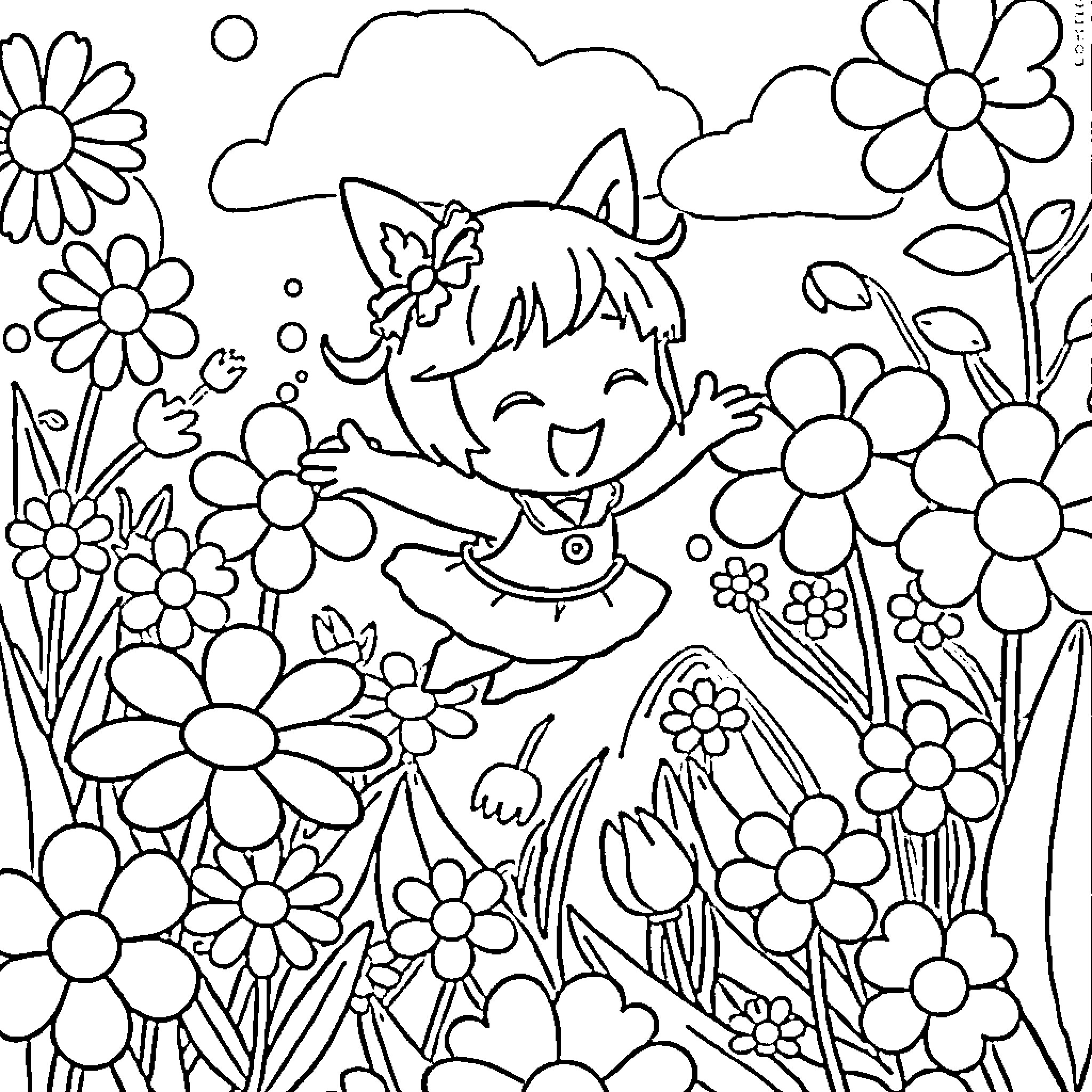 Kuromi playing joyfully in a floral garden Coloring Page (free black-and-white line drawing printable PDF for all, from beginners to advanced learners, including children, teens, adults, and seniors)