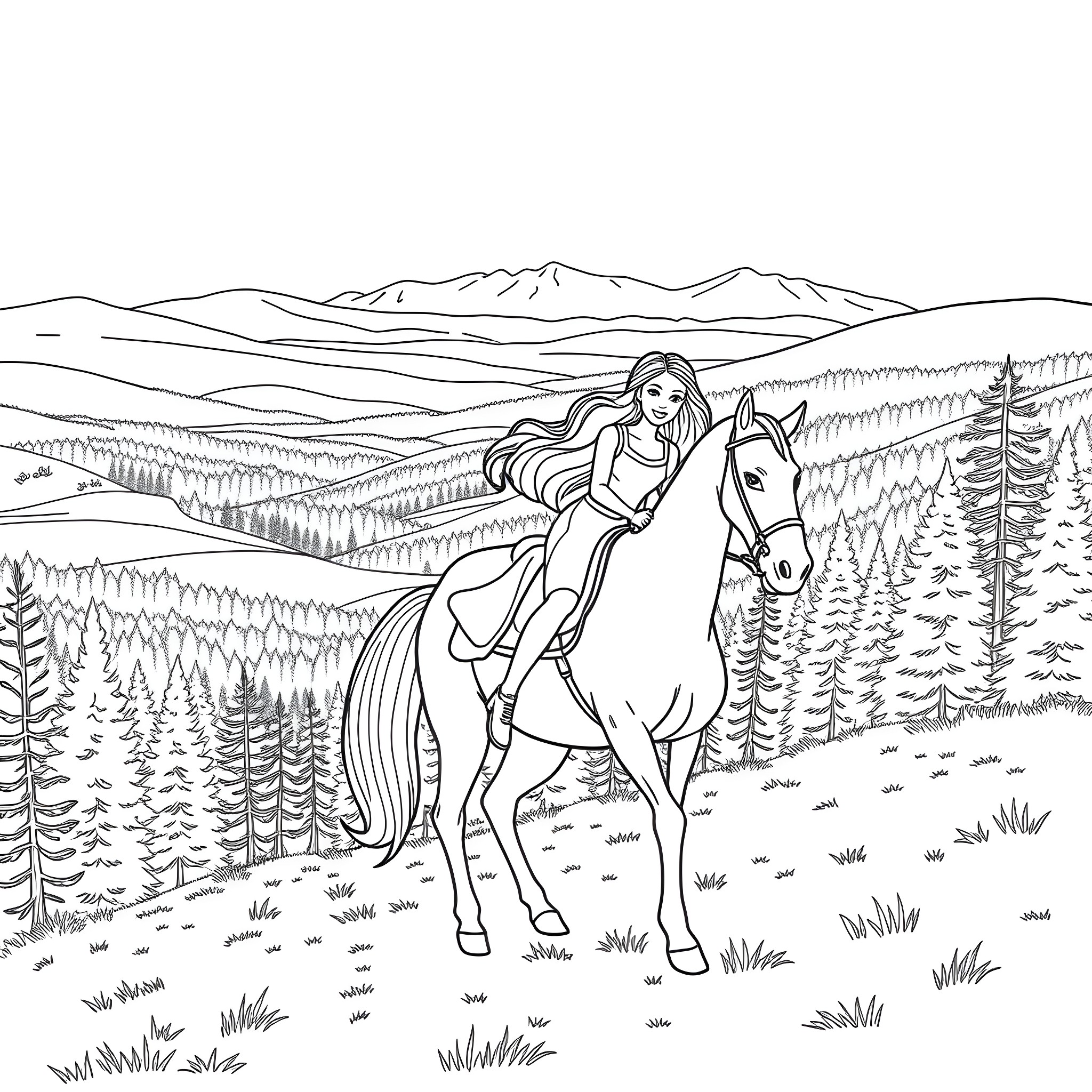 Barbie riding a horse through the scenic countryside Coloring Page (free black-and-white line drawing printable PDF for all, from beginners to advanced learners, including children, teens, adults, and seniors)