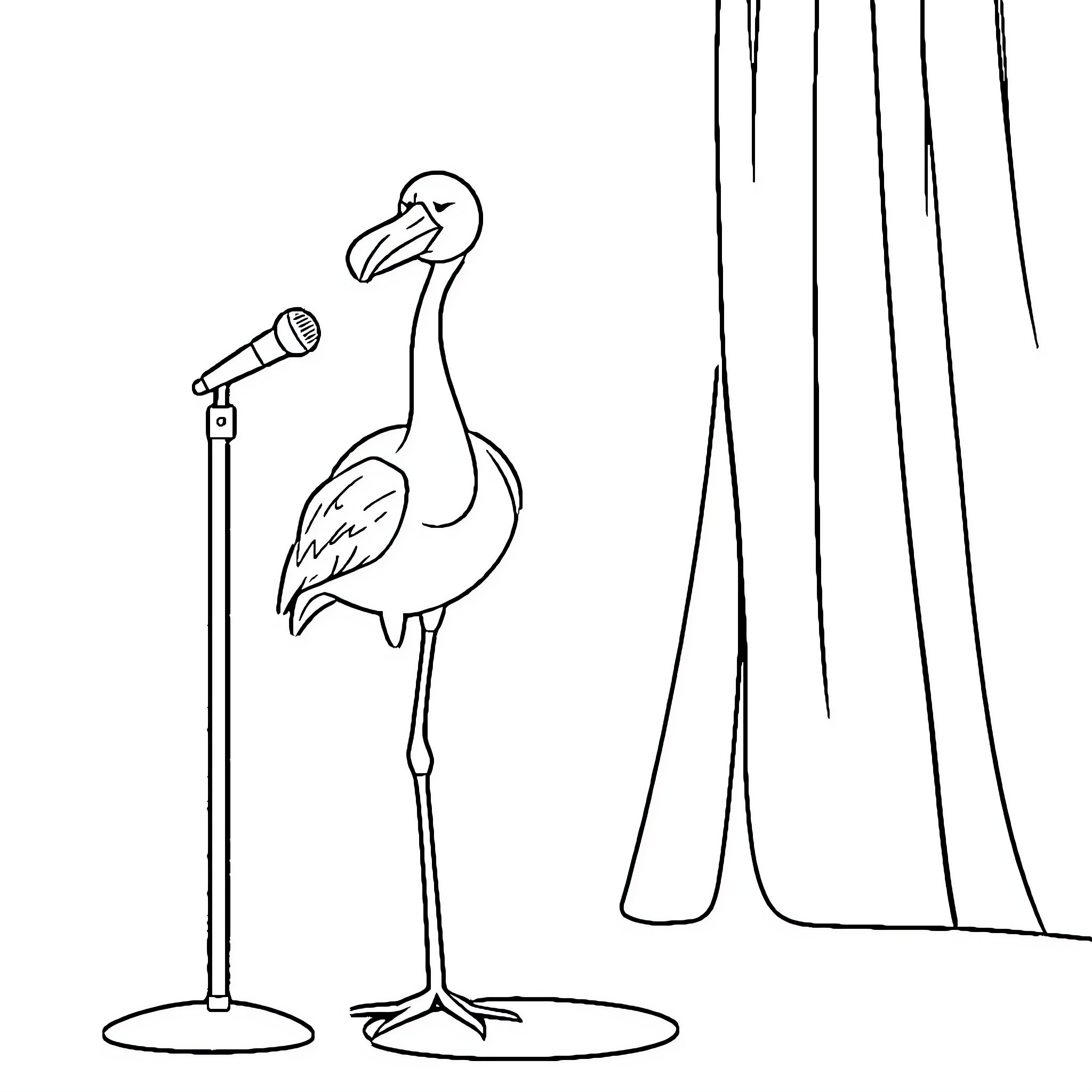 Flamingo performing on stage with microphone Coloring Page (free black-and-white line drawing printable PDF for all, from beginners to advanced learners, including children, teens, adults, and seniors)