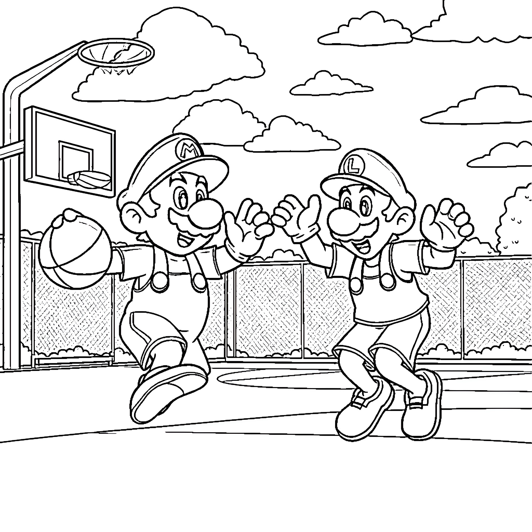 Mario and Luigi playing basketball on the court Coloring Page (free black-and-white line drawing printable PDF for all, from beginners to advanced learners, including children, teens, adults, and seniors)