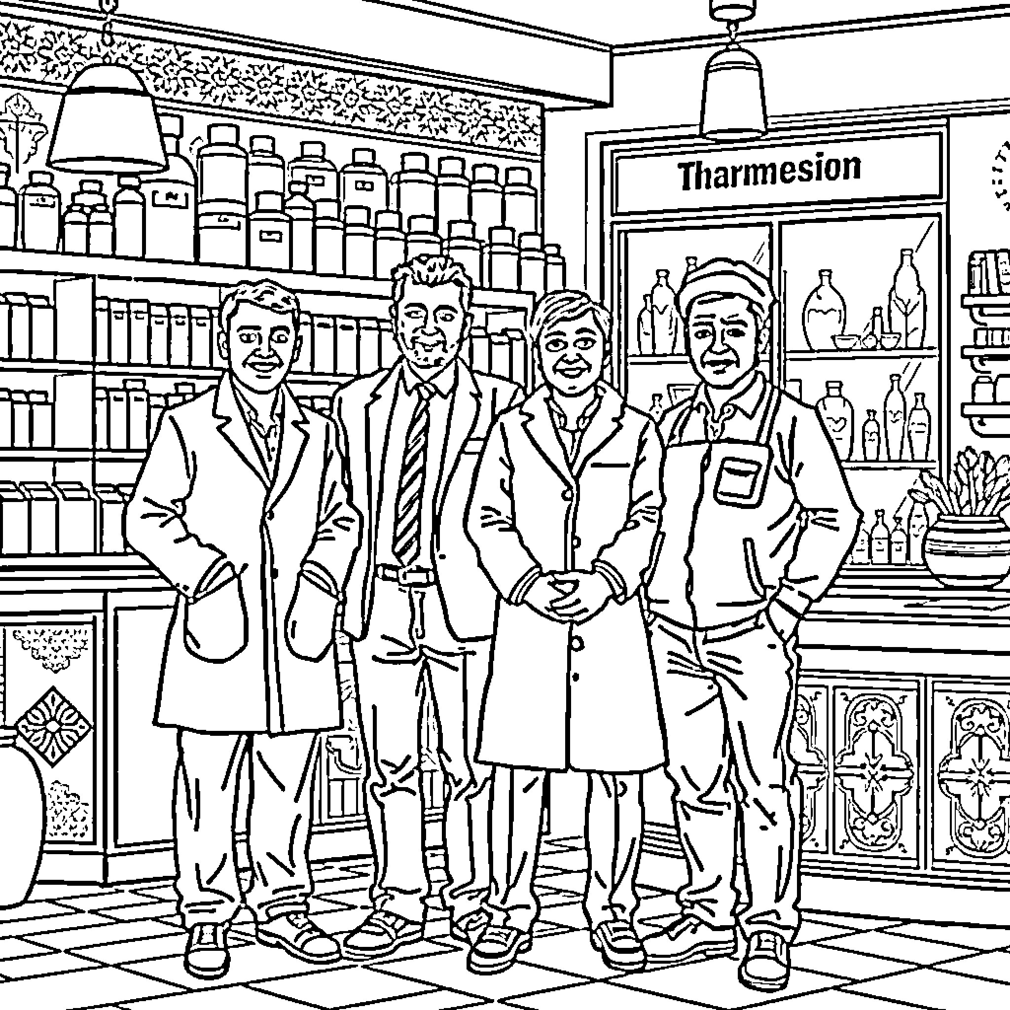 Businessman in a traditional pharmacy setting Coloring Page (free black-and-white line drawing printable PDF for all, from beginners to advanced learners, including children, teens, adults, and seniors)