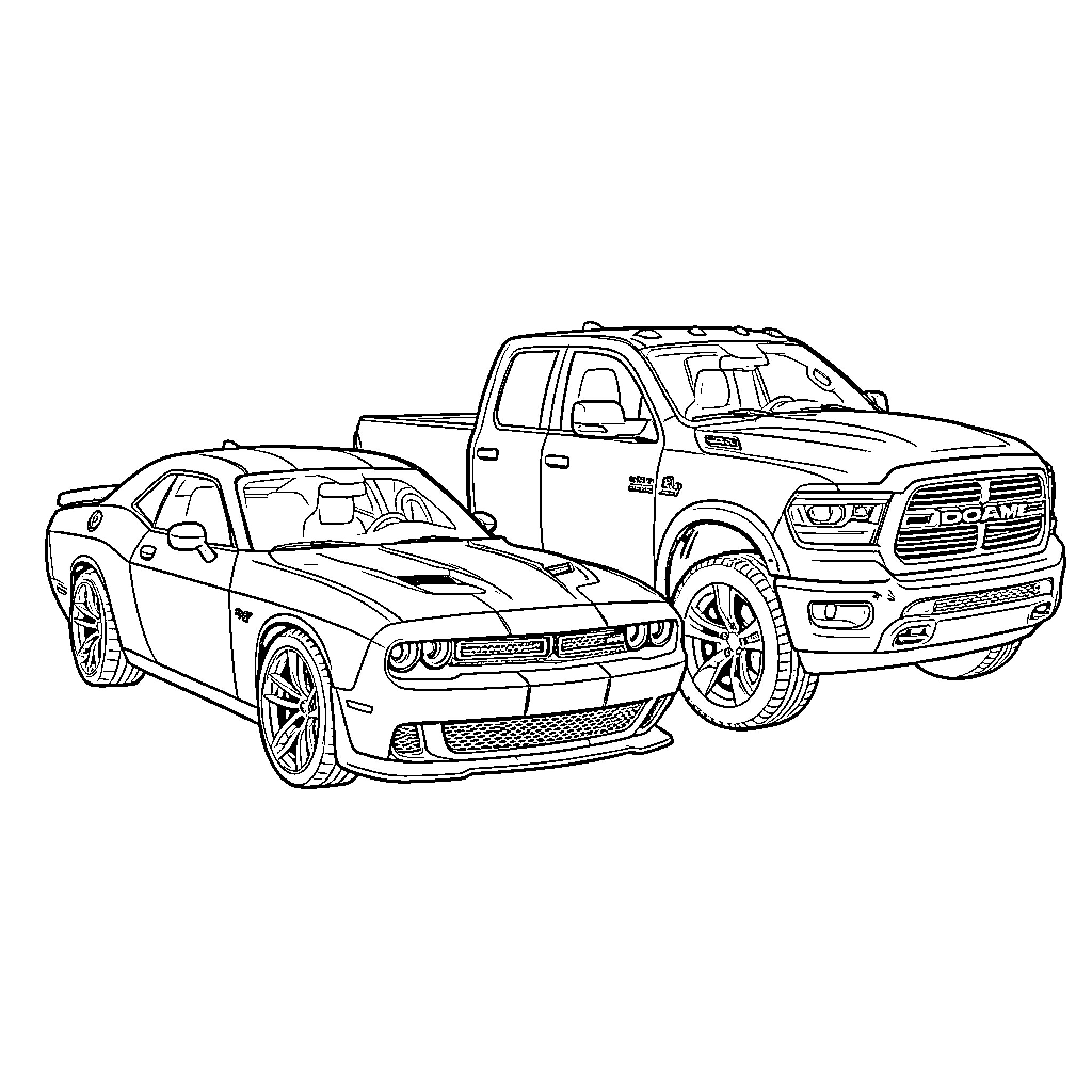 Dodge muscle car and pickup truck parked together Coloring Page (free black-and-white line drawing printable PDF for all, from beginners to advanced learners, including children, teens, adults, and seniors)