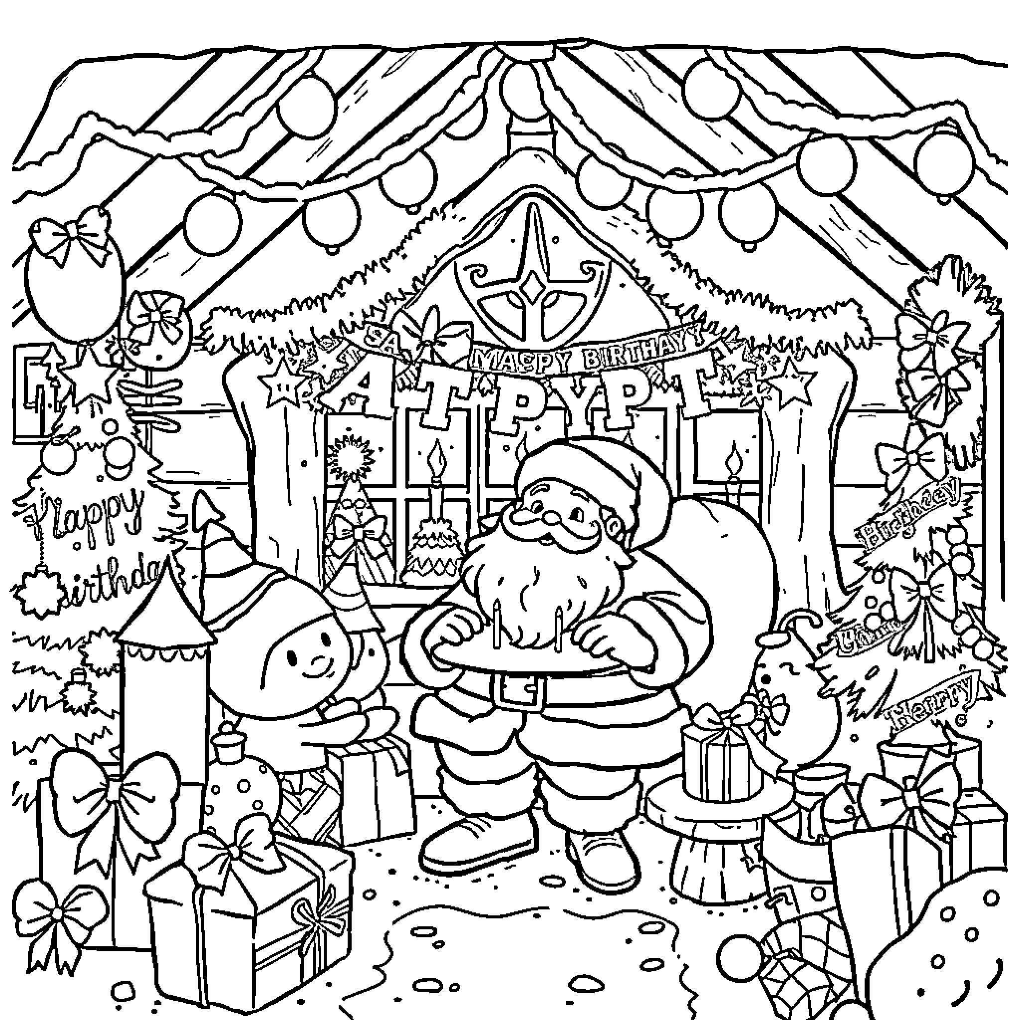 Santa Claus celebrating a joyful birthday party Coloring Page (free black-and-white line drawing printable PDF for all, from beginners to advanced learners, including children, teens, adults, and seniors)