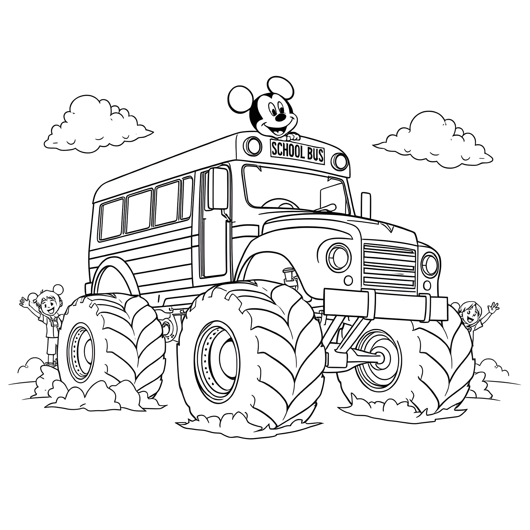 Bus driving through the countryside with playful characters Coloring Page (free black-and-white line drawing printable PDF for all, from beginners to advanced learners, including children, teens, adults, and seniors)
