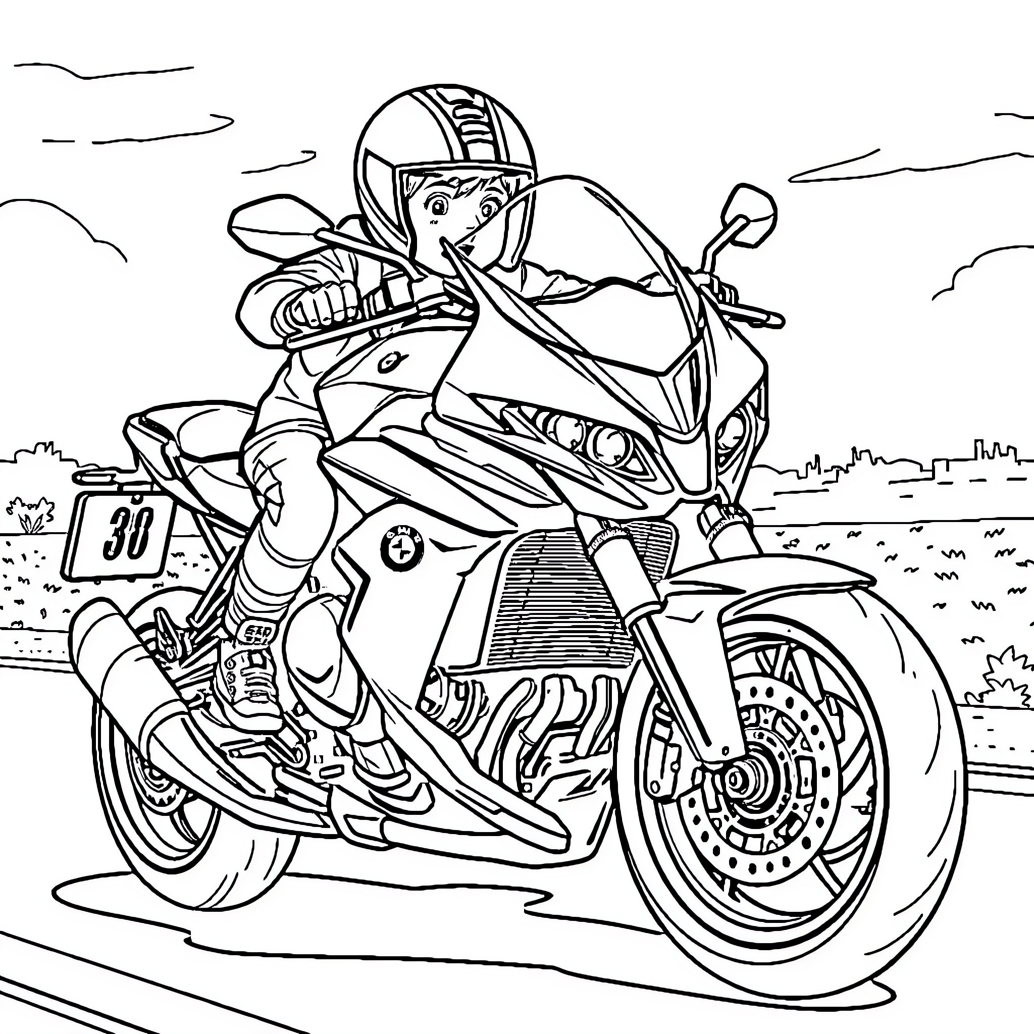 Boy riding high-powered motorcycle on open road Coloring Page (free black-and-white line drawing printable PDF for all, from beginners to advanced learners, including children, teens, adults, and seniors)
