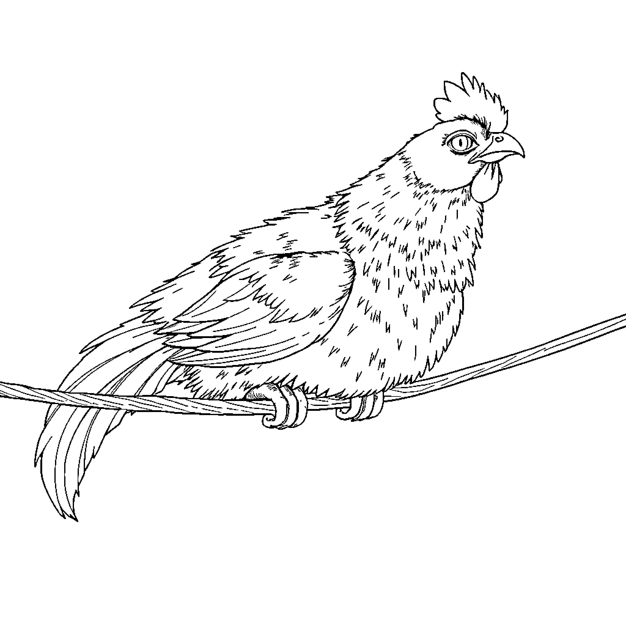 Cat Chicken perched on a branch Coloring Page (free black-and-white line drawing printable PDF for all, from beginners to advanced learners, including children, teens, adults, and seniors)