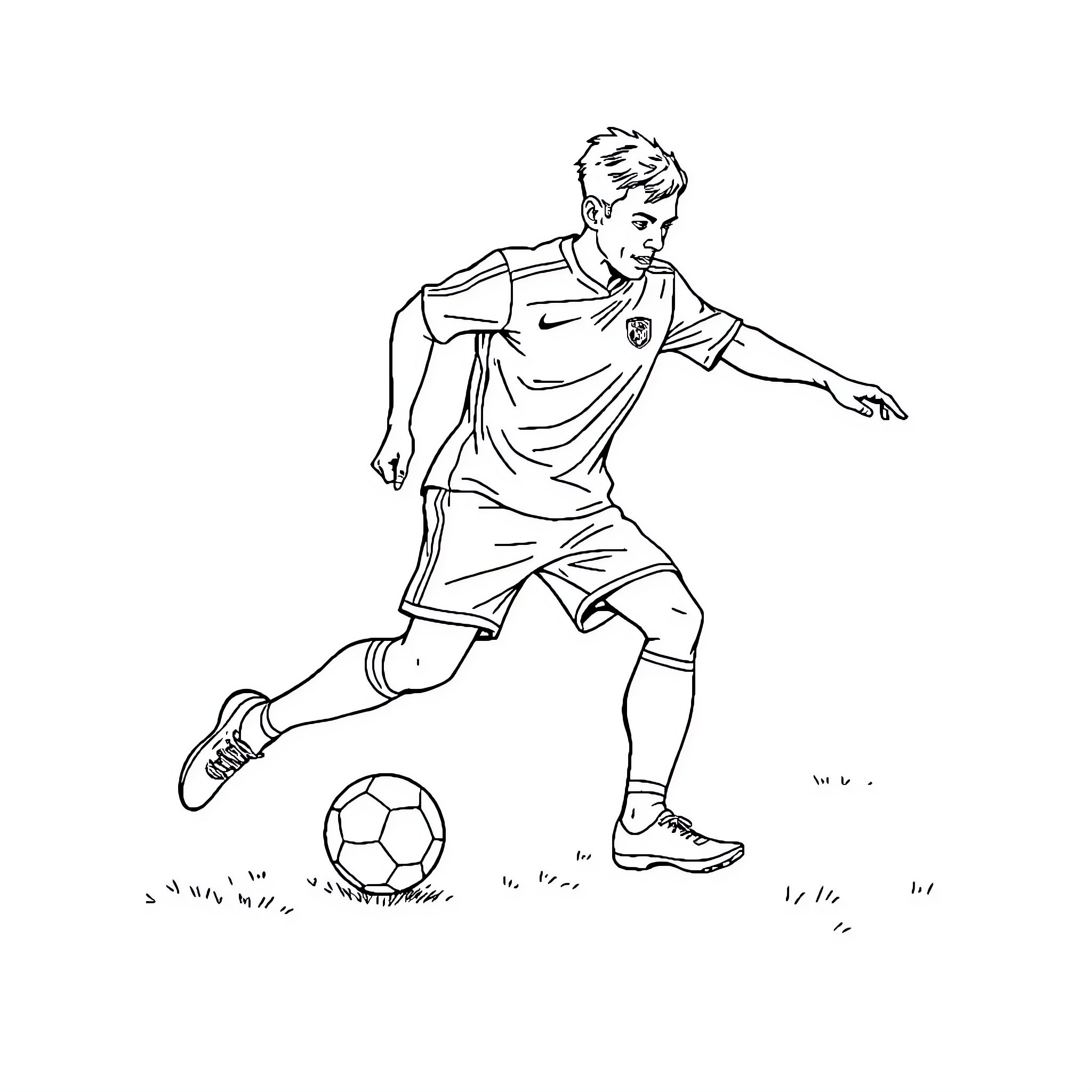 Football Player Dribbling the Ball Coloring Page (free black-and-white line drawing printable PDF for all, from beginners to advanced learners, including children, teens, adults, and seniors)