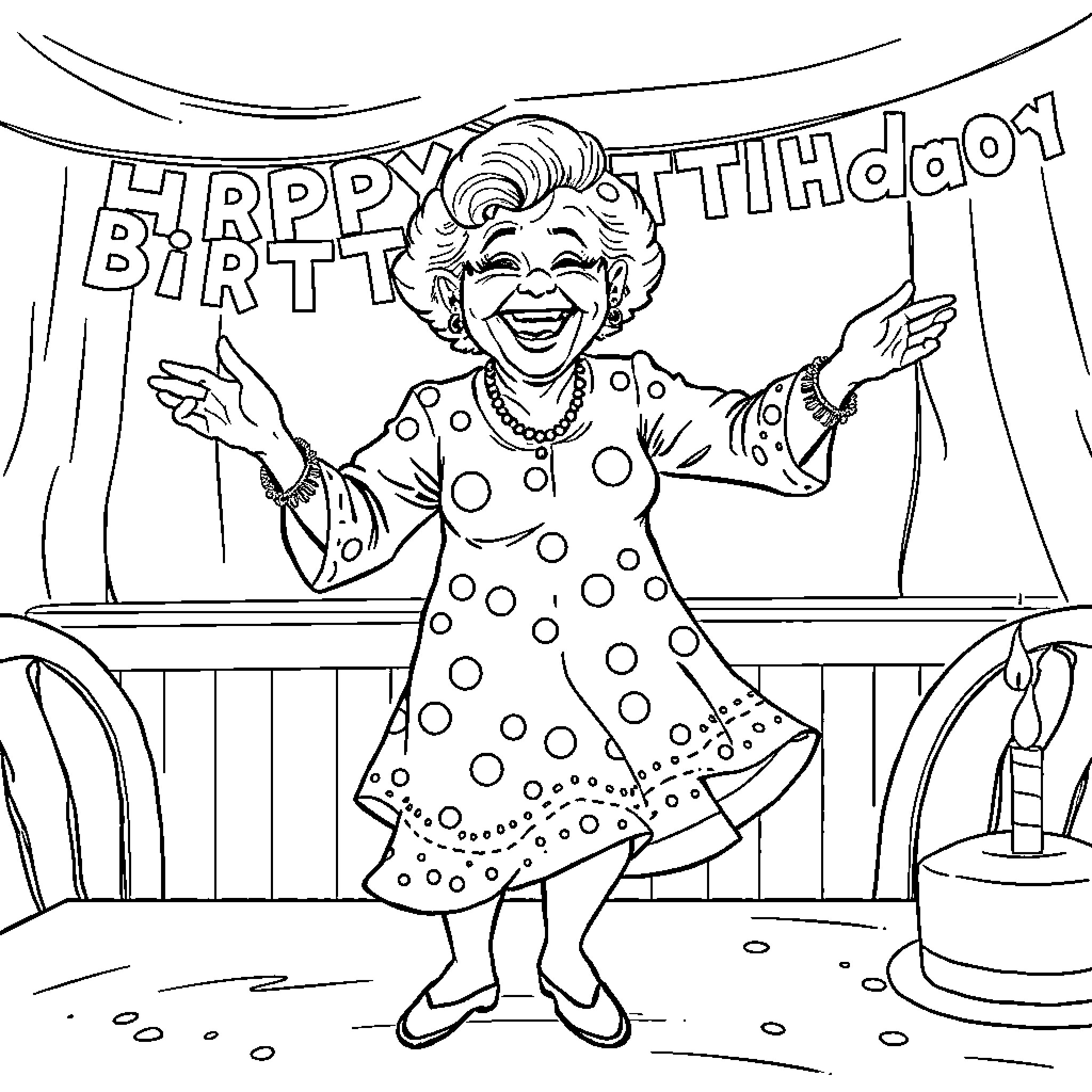 Grandma celebrating her birthday with joy and enthusiasm Coloring Page (free black-and-white line drawing printable PDF for all, from beginners to advanced learners, including children, teens, adults, and seniors)