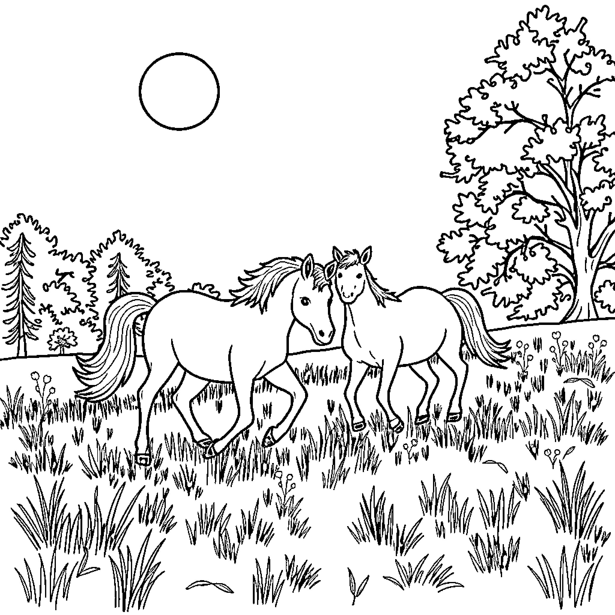Horse grazing peacefully in serene landscape Coloring Page (free black-and-white line drawing printable PDF for all, from beginners to advanced learners, including children, teens, adults, and seniors)