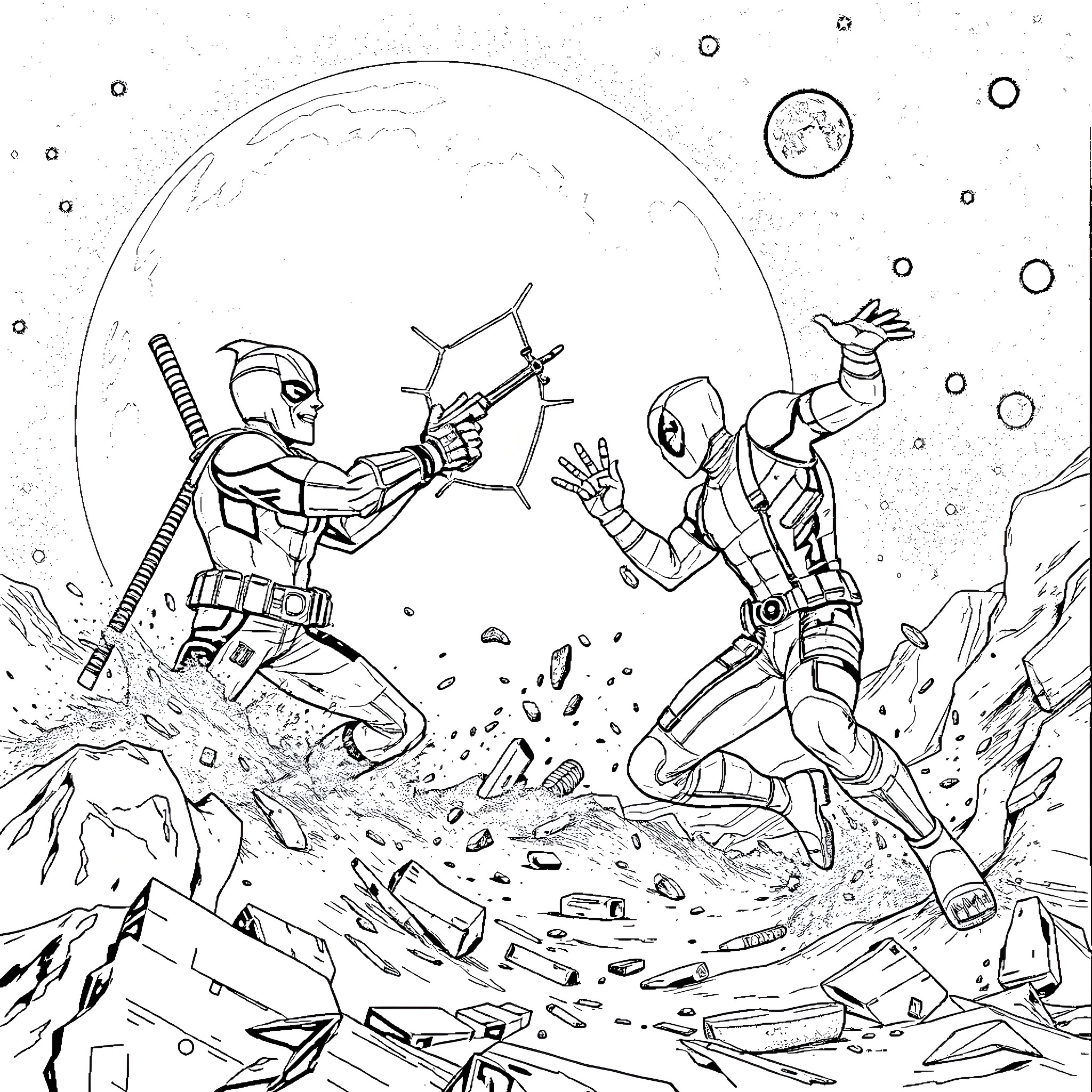 Gojo's epic battle with a mysterious foe Coloring Page (free black-and-white line drawing printable PDF for all, from beginners to advanced learners, including children, teens, adults, and seniors)