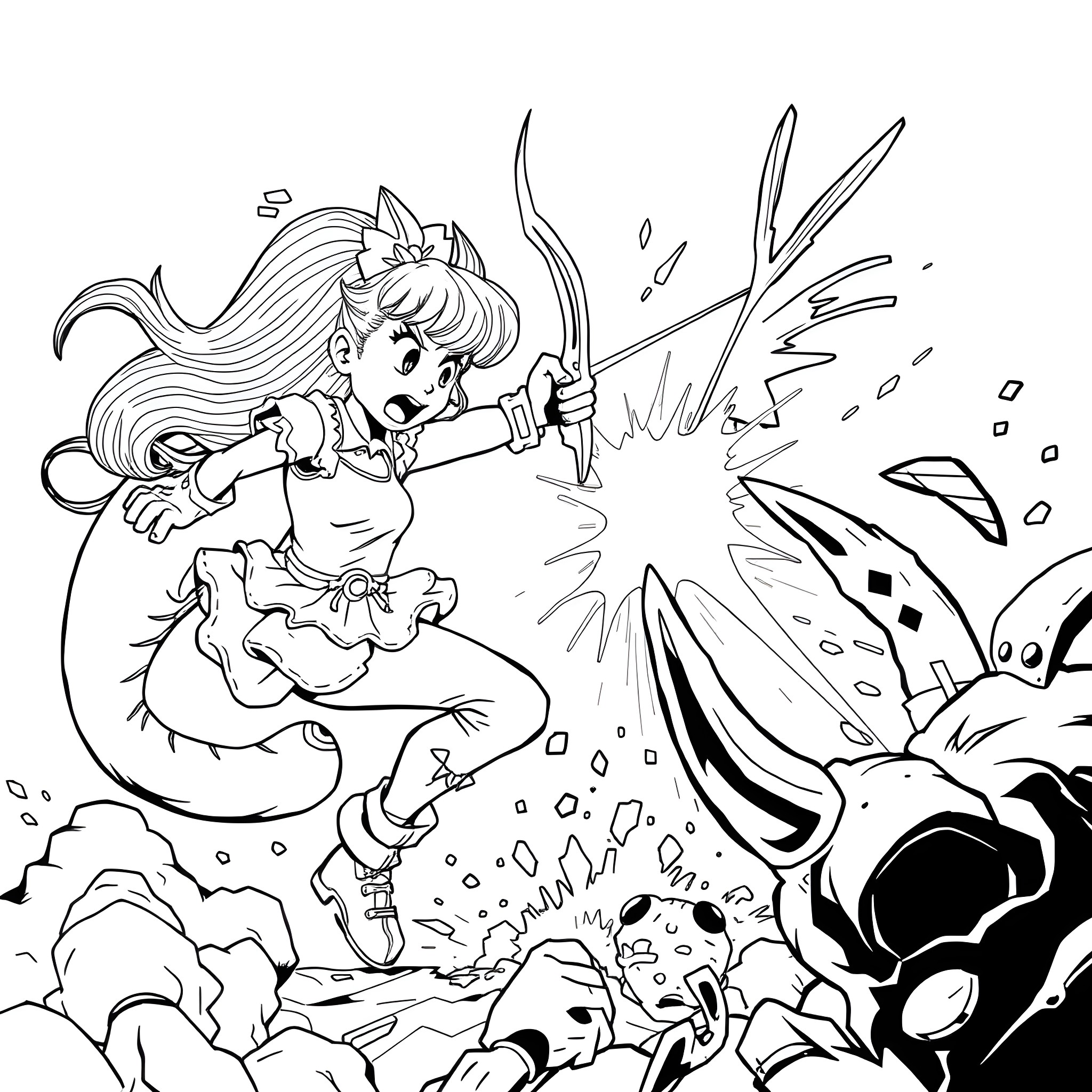 Connie's Fierce Battle in the Fantastical Realm Coloring Page (free black-and-white line drawing printable PDF for all, from beginners to advanced learners, including children, teens, adults, and seniors)