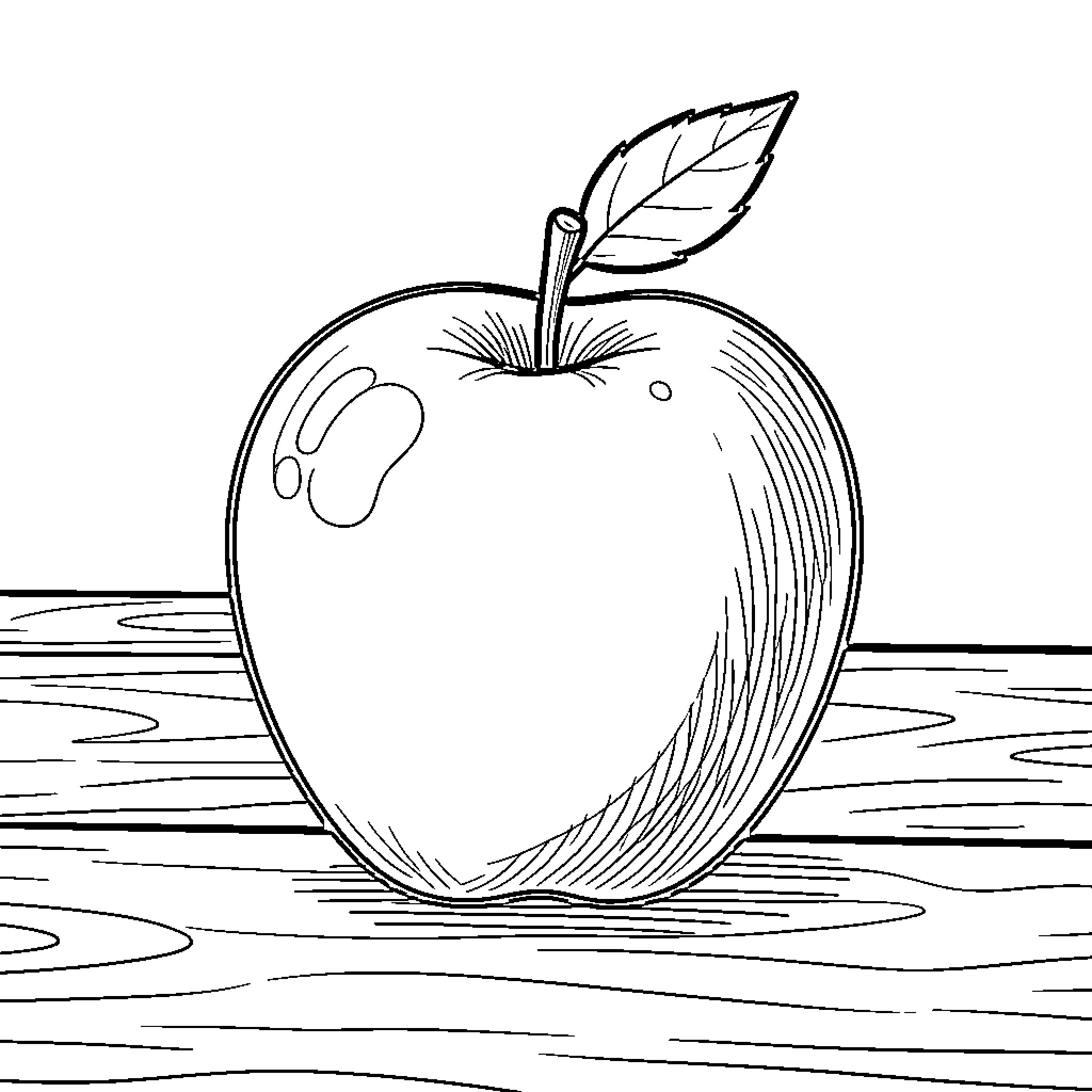 Apple with leaf on wooden surface Coloring Page (free black-and-white line drawing printable PDF for all, from beginners to advanced learners, including children, teens, adults, and seniors)