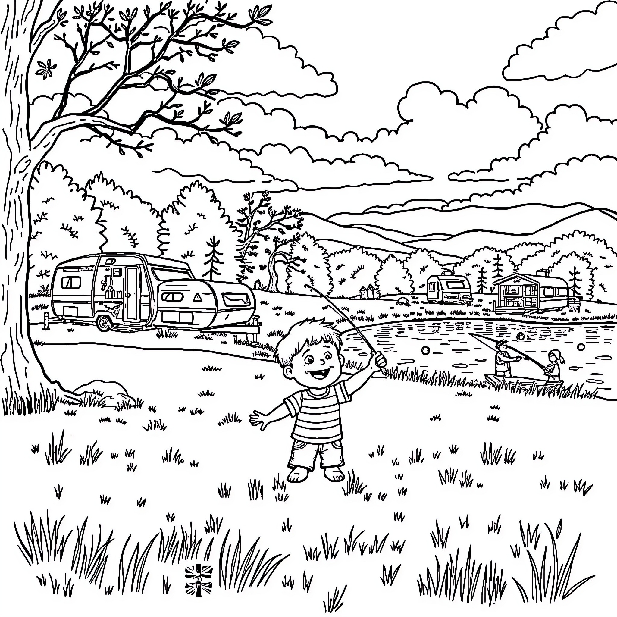 Child playing happily in scenic outdoor setting Coloring Page (free black-and-white line drawing printable PDF for all, from beginners to advanced learners, including children, teens, adults, and seniors)