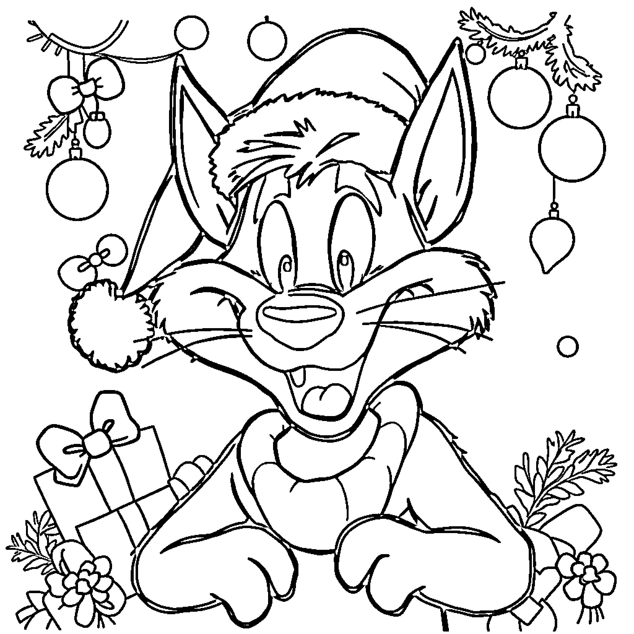 Taz Enjoying Christmas Decorations Coloring Page (free black-and-white line drawing printable PDF for all, from beginners to advanced learners, including children, teens, adults, and seniors)