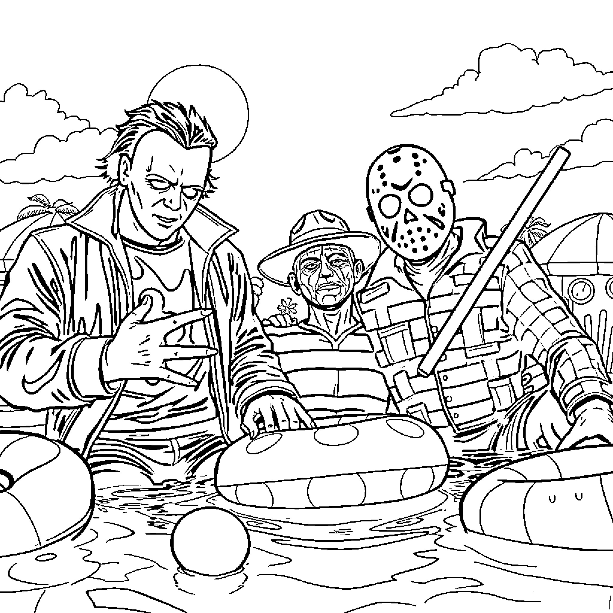 Horror Characters in Chaotic Wilderness Coloring Page (free black-and-white line drawing printable PDF for all, from beginners to advanced learners, including children, teens, adults, and seniors)