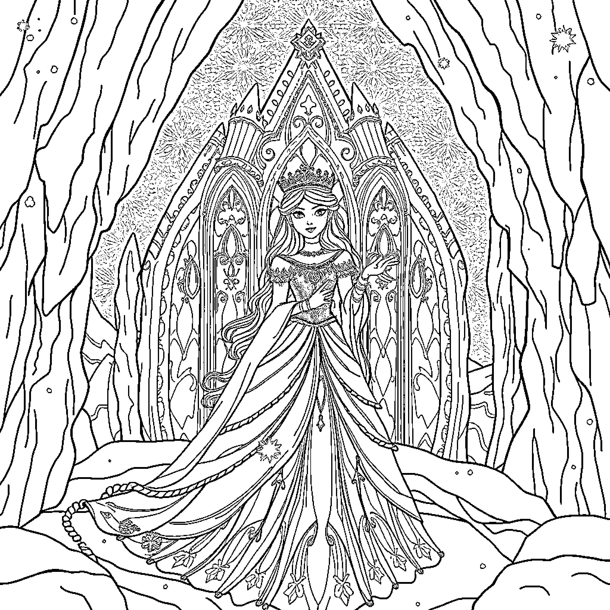 Snow Queen standing majestically in an ornate winter palace Coloring Page (free black-and-white line drawing printable PDF for all, from beginners to advanced learners, including children, teens, adults, and seniors)