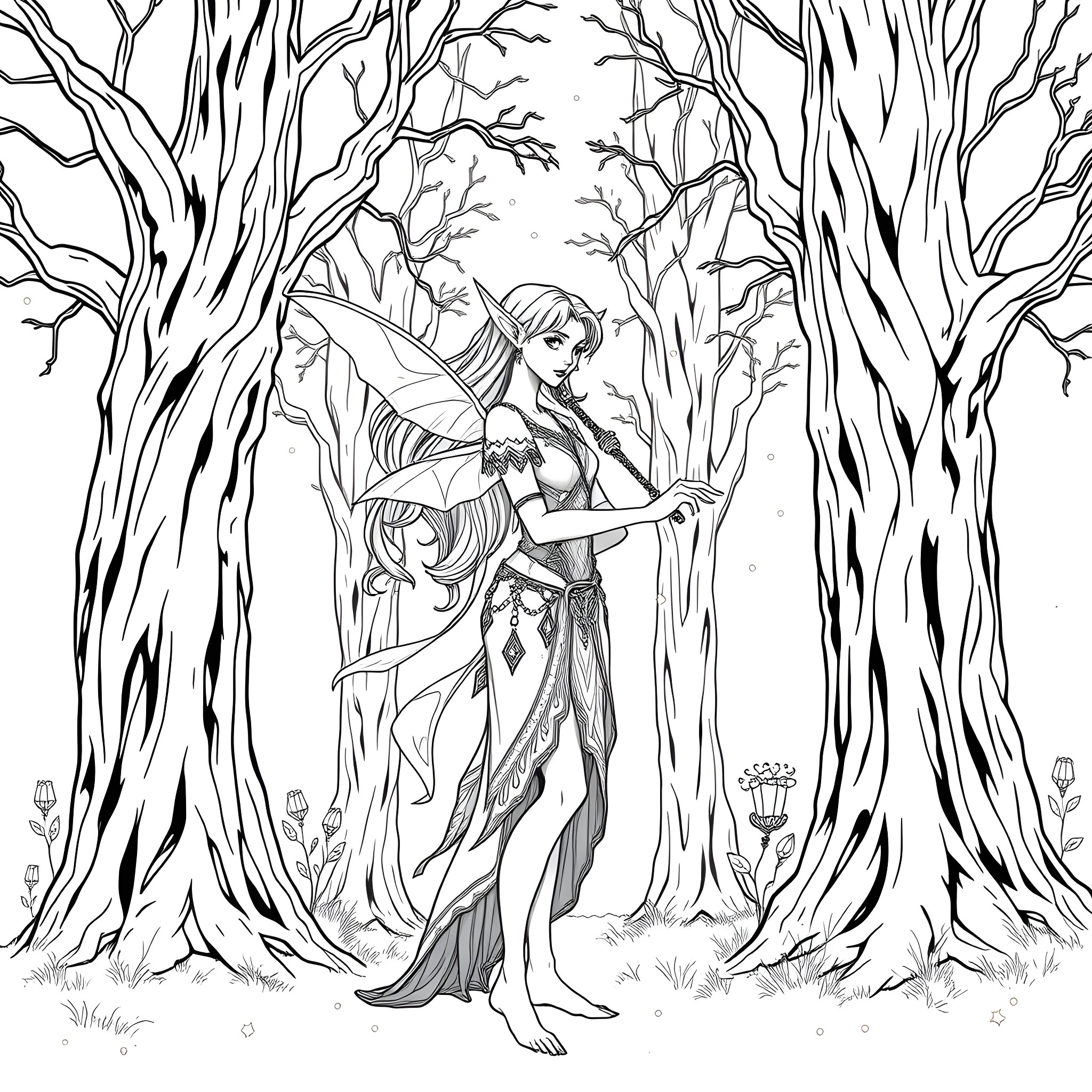 Elf fairy dancing in enchanted forest Coloring Page (free black-and-white line drawing printable PDF for all, from beginners to advanced learners, including children, teens, adults, and seniors)
