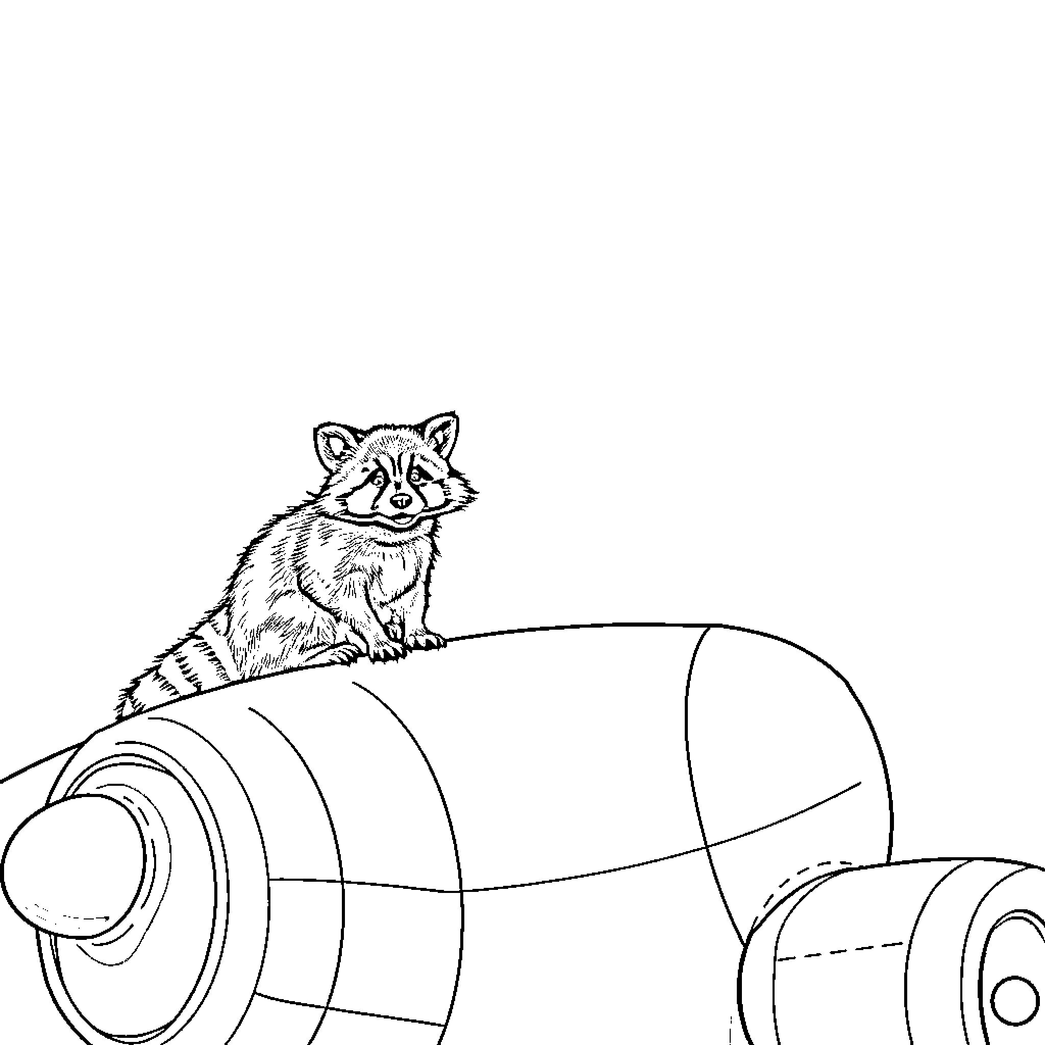 Raccoon exploring a whimsical mechanical structure Coloring Page (free black-and-white line drawing printable PDF for all, from beginners to advanced learners, including children, teens, adults, and seniors)
