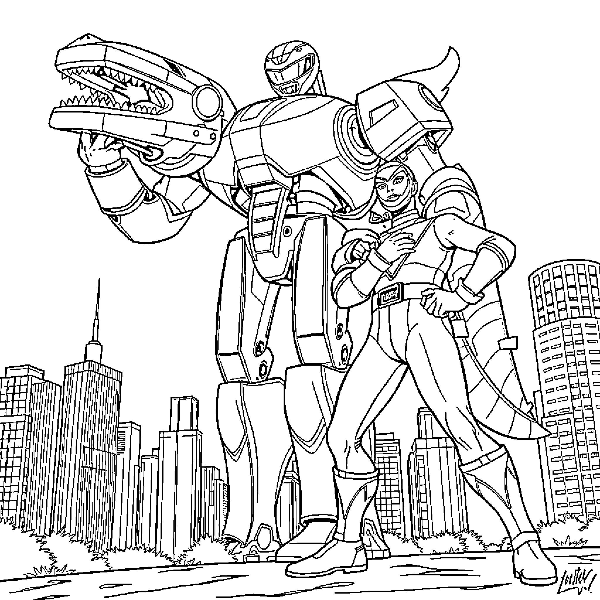 Power Ranger heroes in action against city skyline Coloring Page (free black-and-white line drawing printable PDF for all, from beginners to advanced learners, including children, teens, adults, and seniors)