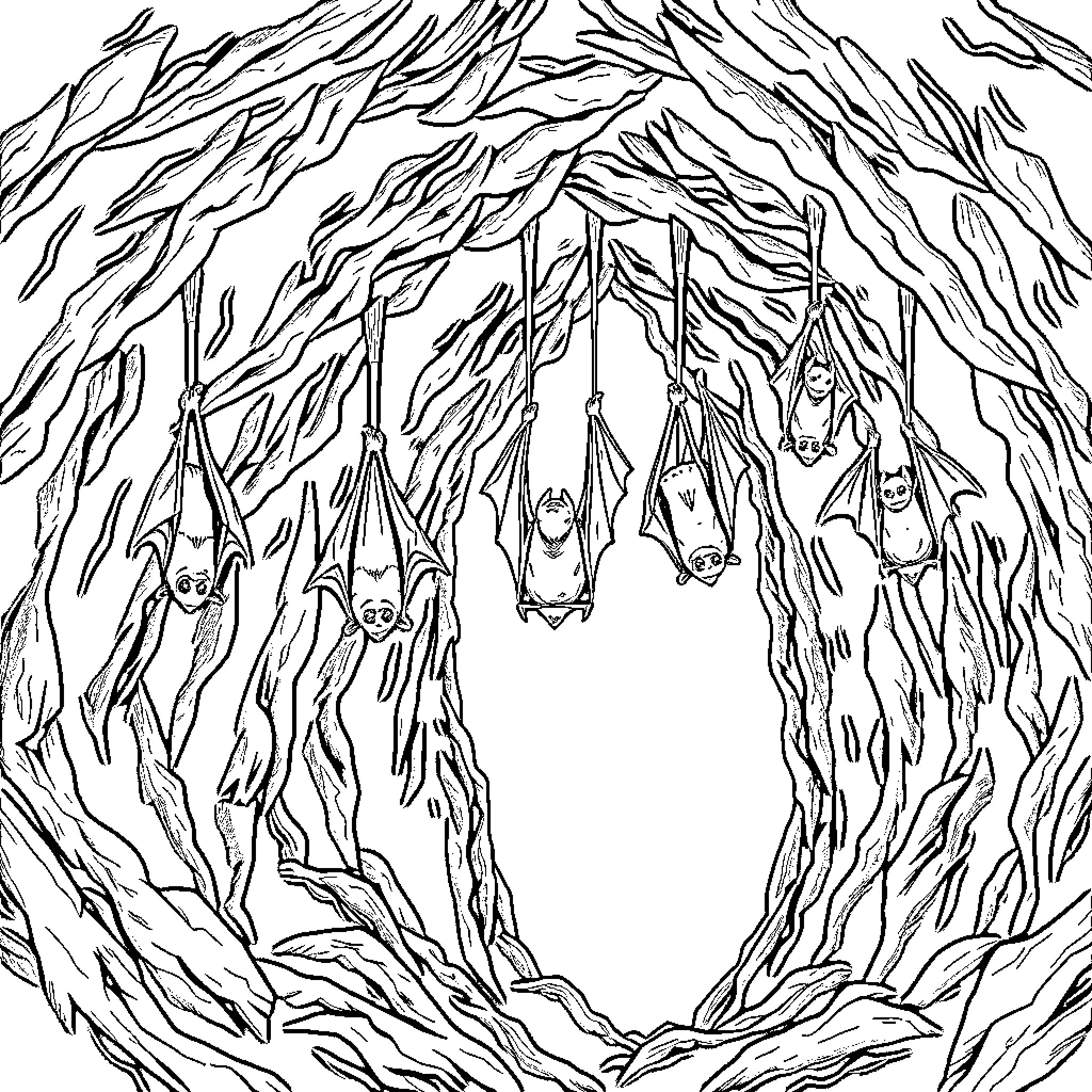 Bat colony roosting in cave Coloring Page (free black-and-white line drawing printable PDF for all, from beginners to advanced learners, including children, teens, adults, and seniors)